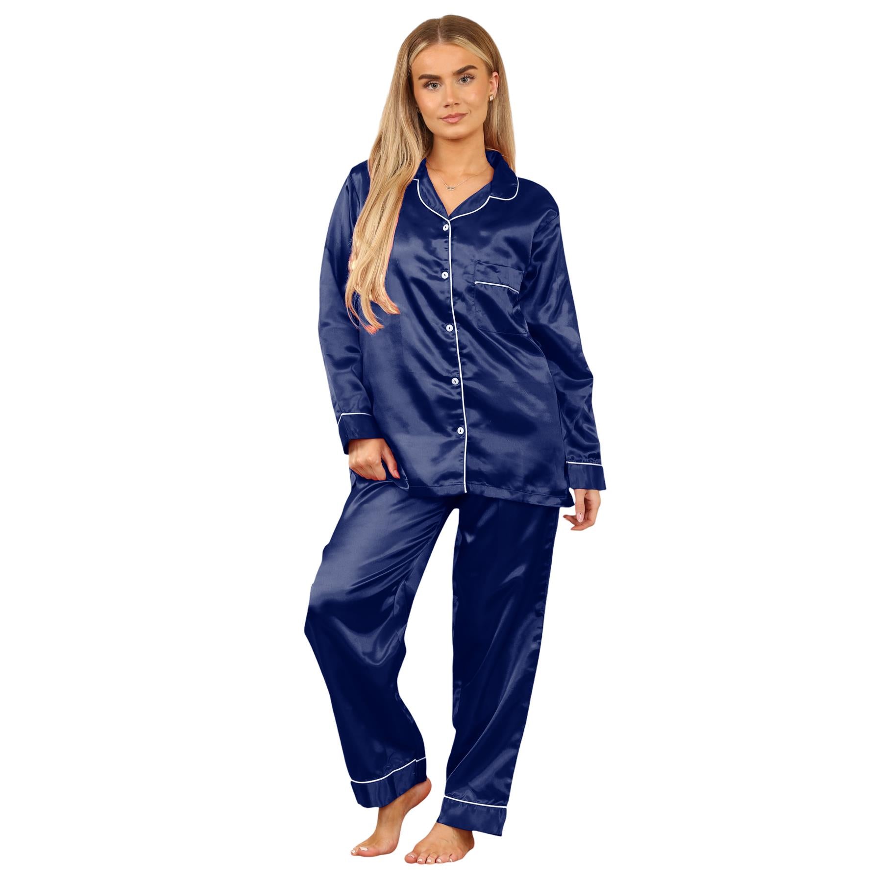 Ladies Satin Long Sleeve Pyjamas Button Shirt Trouser 2 Pcs Pajama Set Nightwear