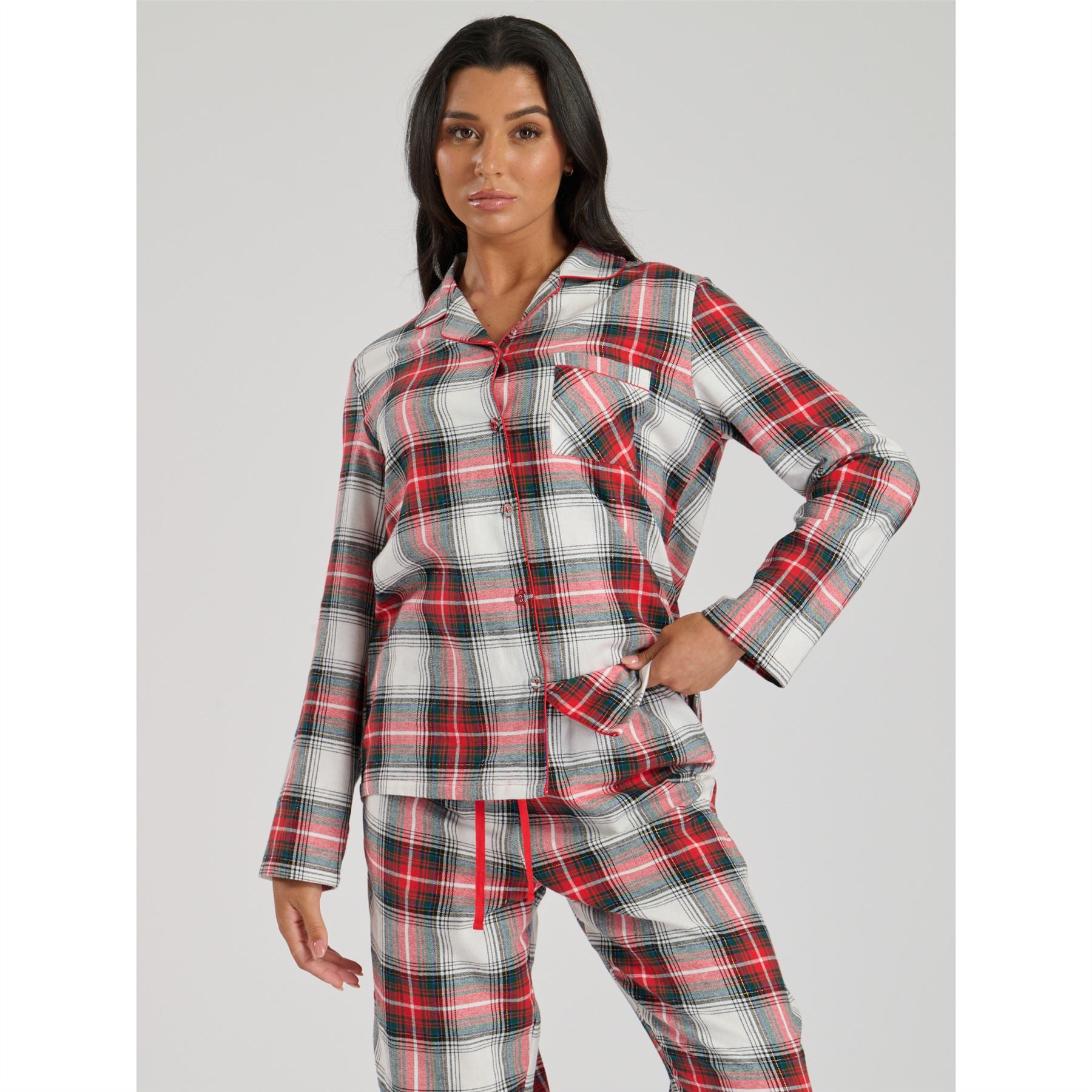 Ladies Brushed Cotton Flannel Check Pyjamas Pyjama Set Womens PJs Red Size 8-22