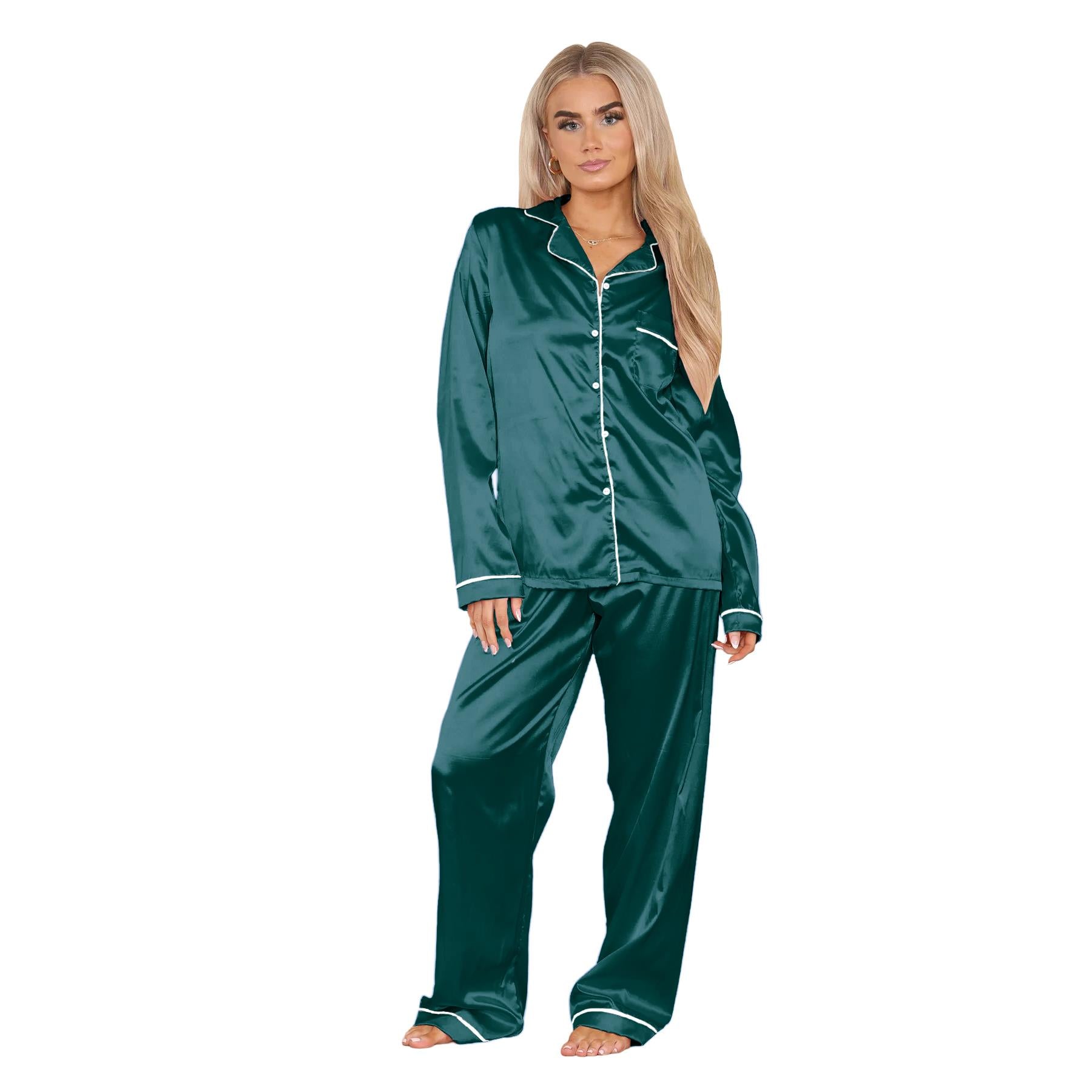 Ladies Satin Long Sleeve Pyjamas Button Shirt Trouser 2 Pcs Pajama Set Nightwear