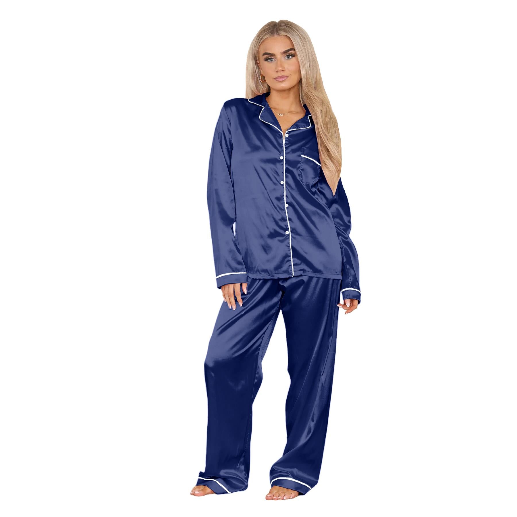 Ladies Satin Long Sleeve Pyjamas Button Shirt Trouser 2 Pcs Pajama Set Nightwear