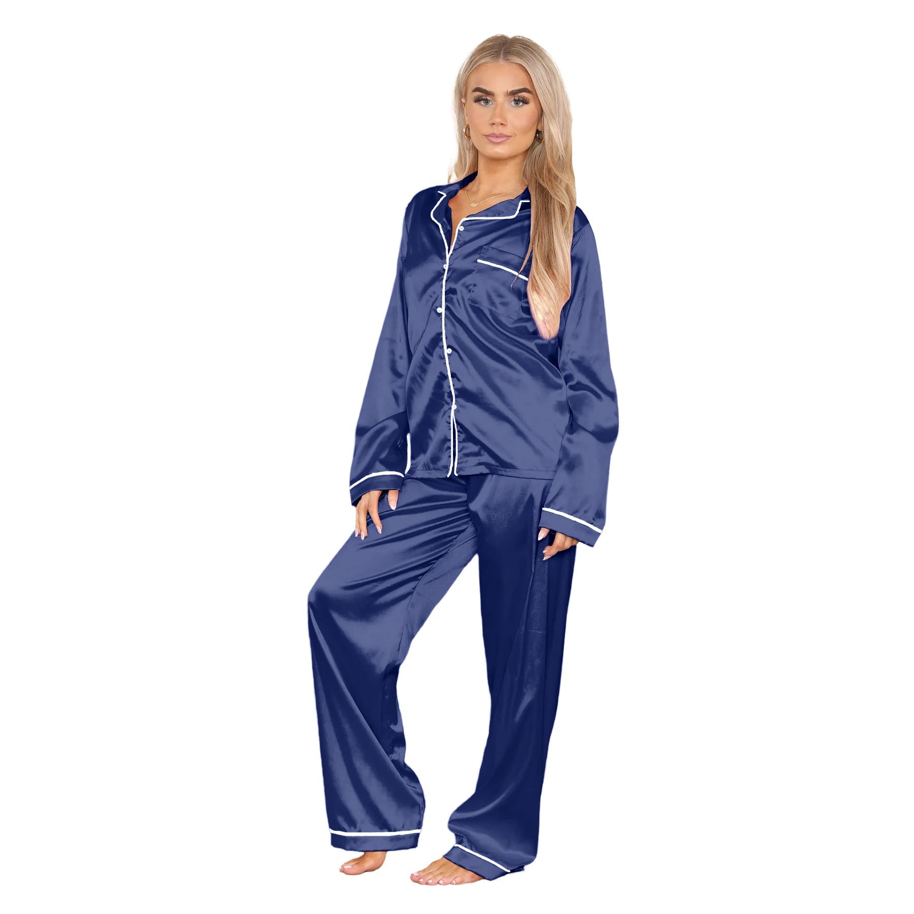 Ladies Satin Long Sleeve Pyjamas Button Shirt Trouser 2 Pcs Pajama Set Nightwear