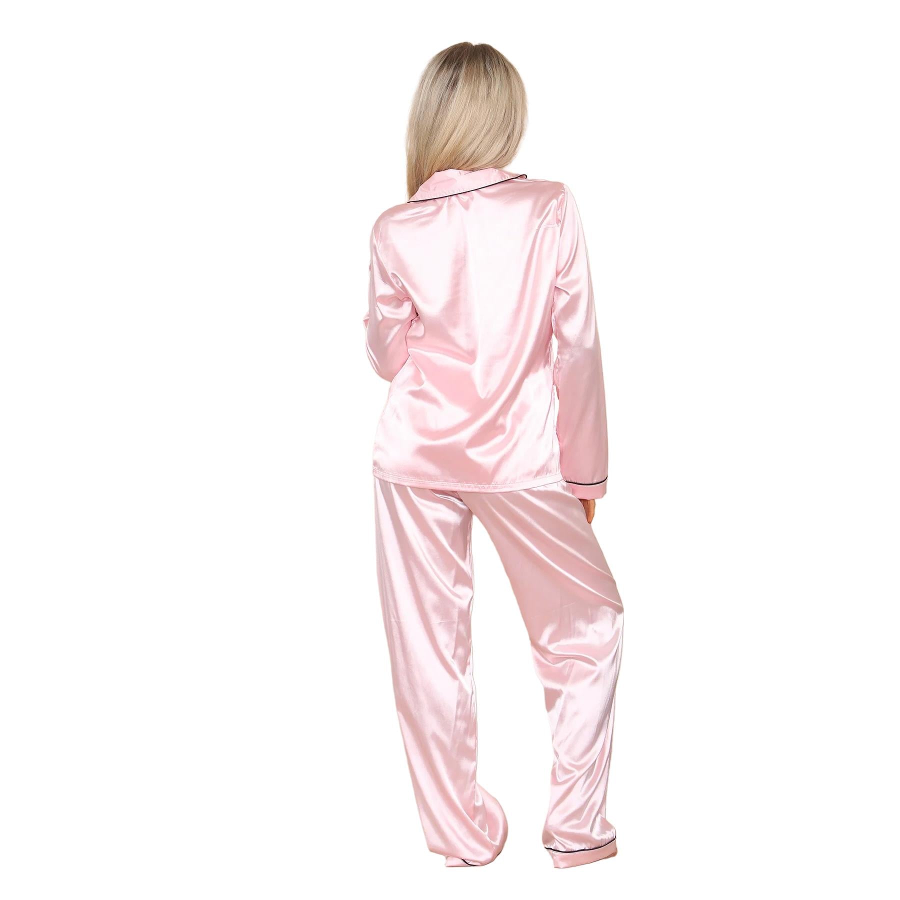 Ladies Satin Long Sleeve Pyjamas Button Shirt Trouser 2 Pcs Pajama Set Nightwear