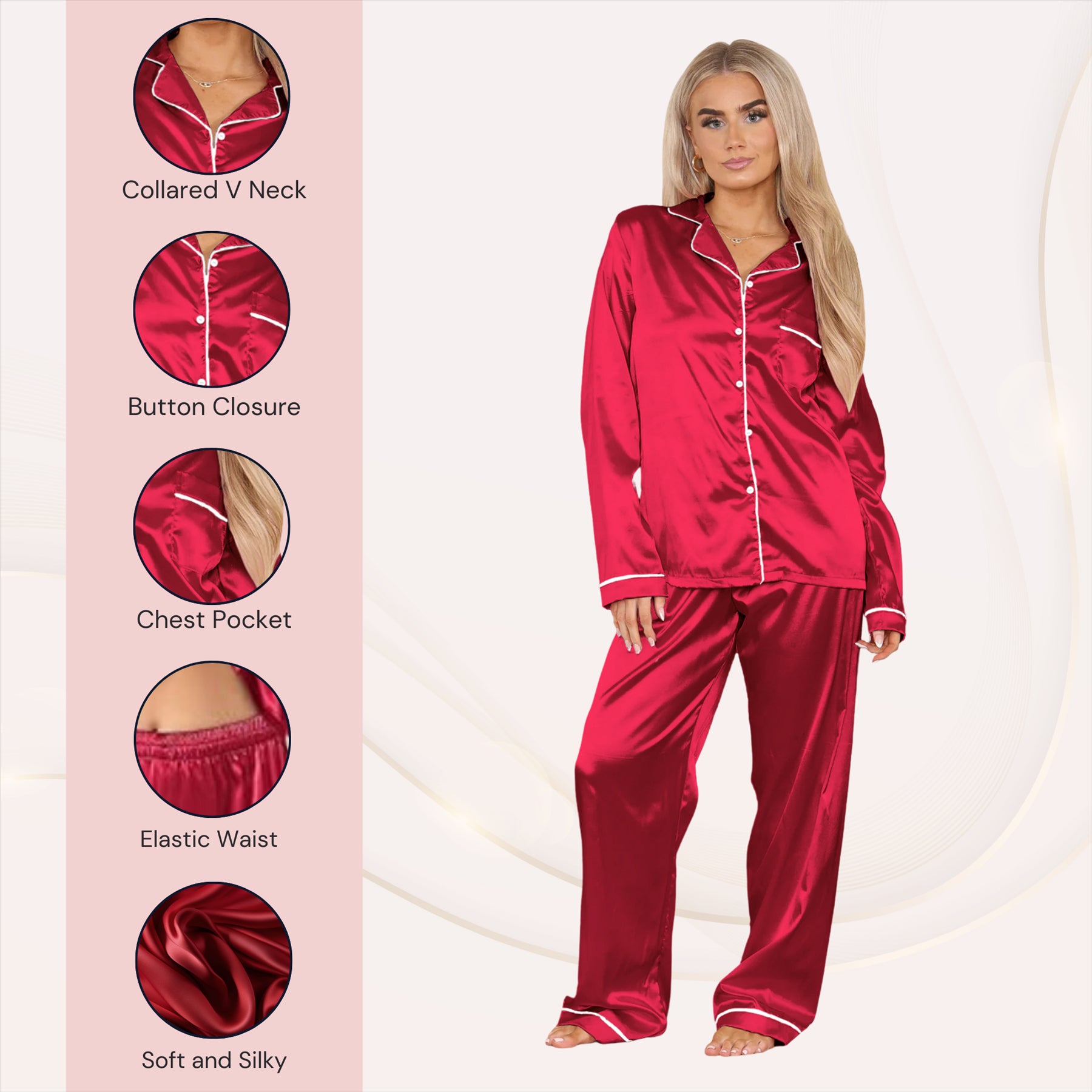 Ladies Satin Long Sleeve Pyjamas Button Shirt Trouser 2 Pcs Pajama Set Nightwear