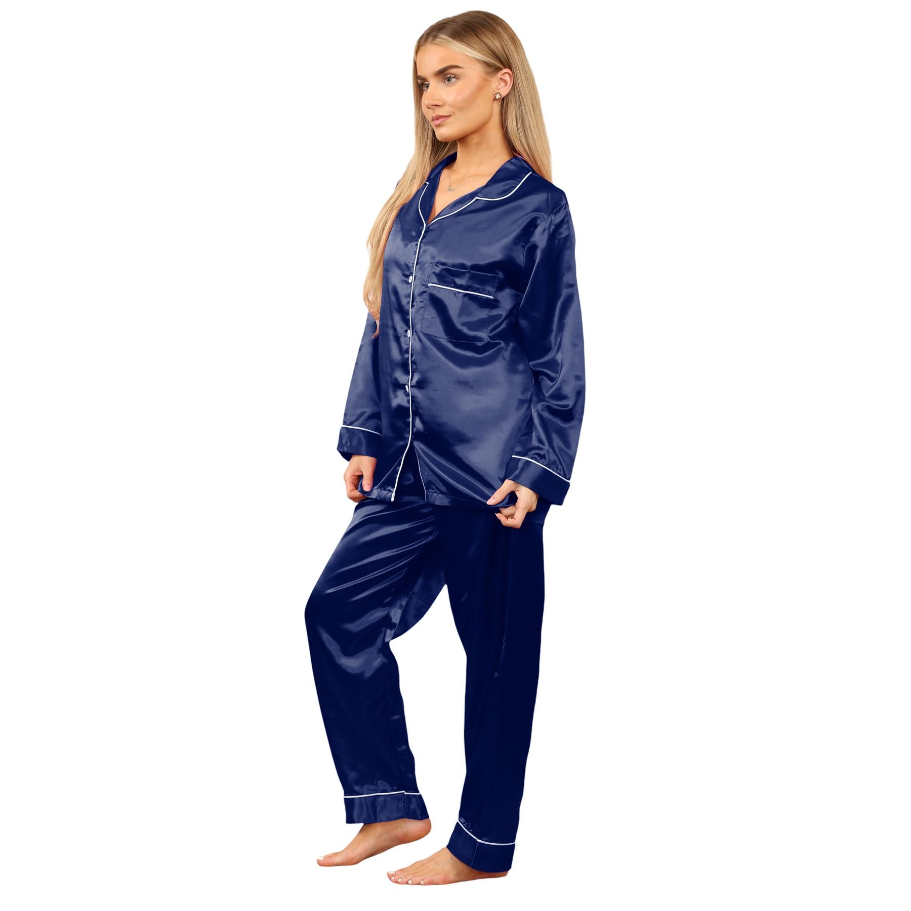 Ladies Satin Long Sleeve Pyjamas Button Shirt Trouser 2 Pcs Pajama Set Nightwear