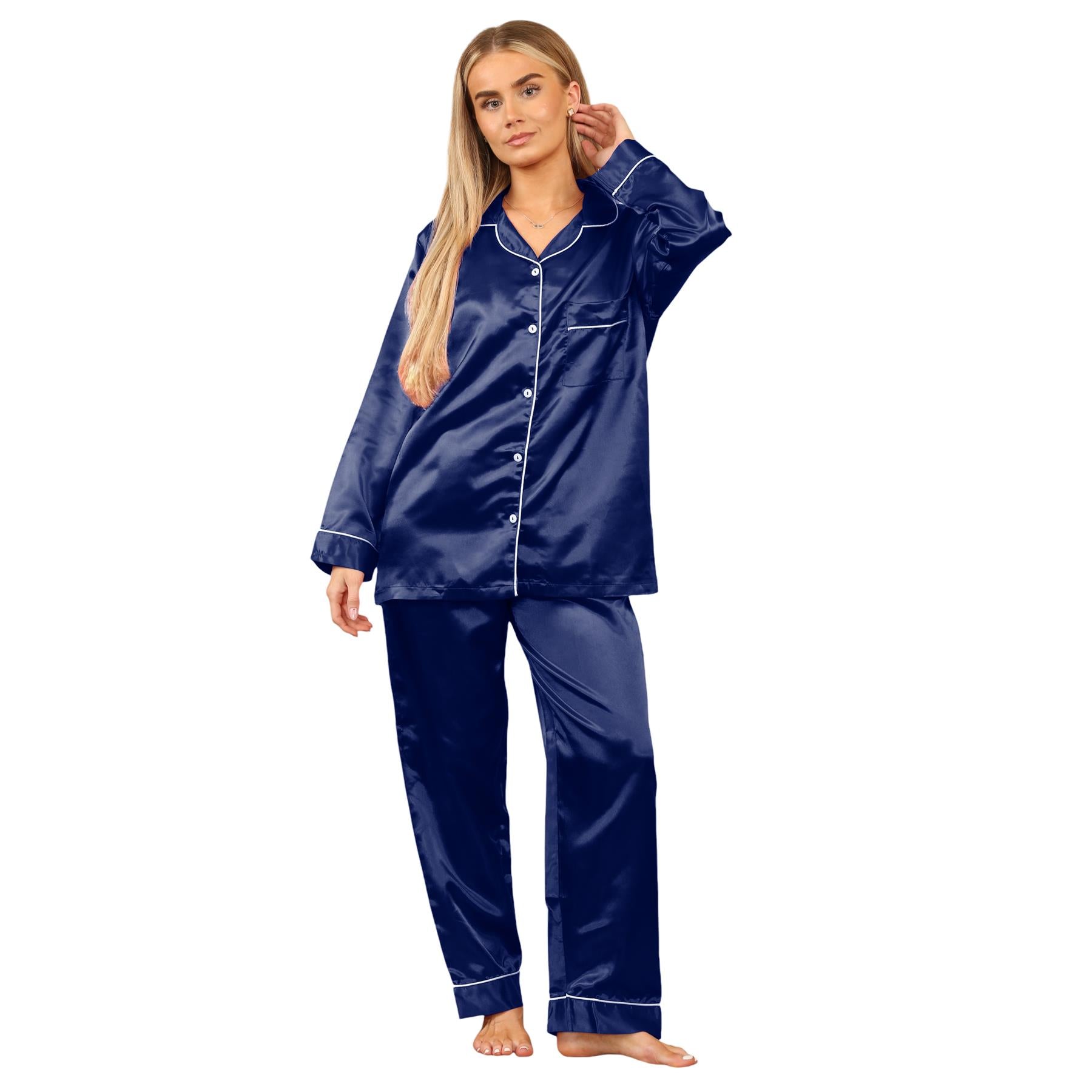 Ladies Satin Long Sleeve Pyjamas Button Shirt Trouser 2 Pcs Pajama Set Nightwear