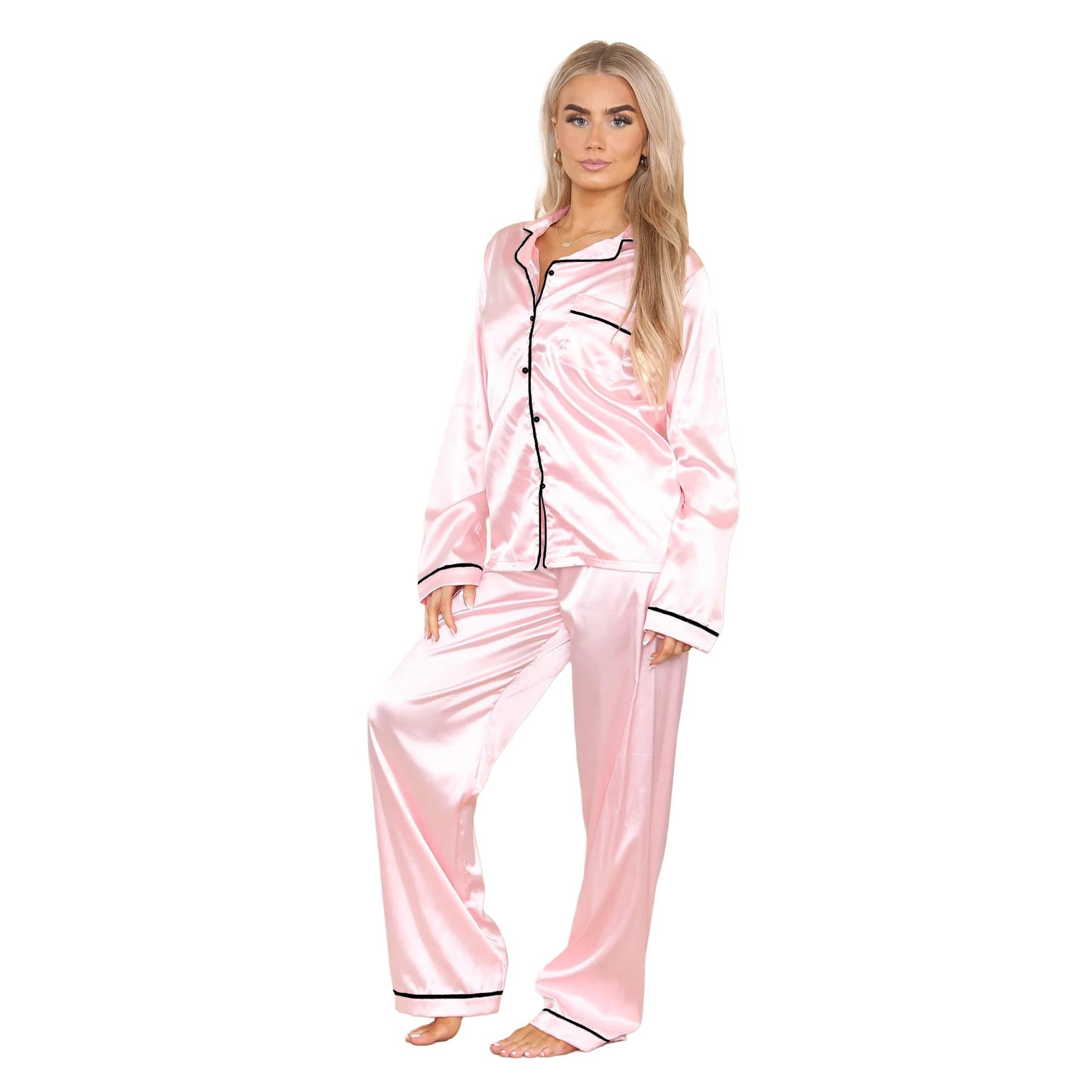 Ladies Satin Long Sleeve Pyjamas Button Shirt Trouser 2 Pcs Pajama Set Nightwear