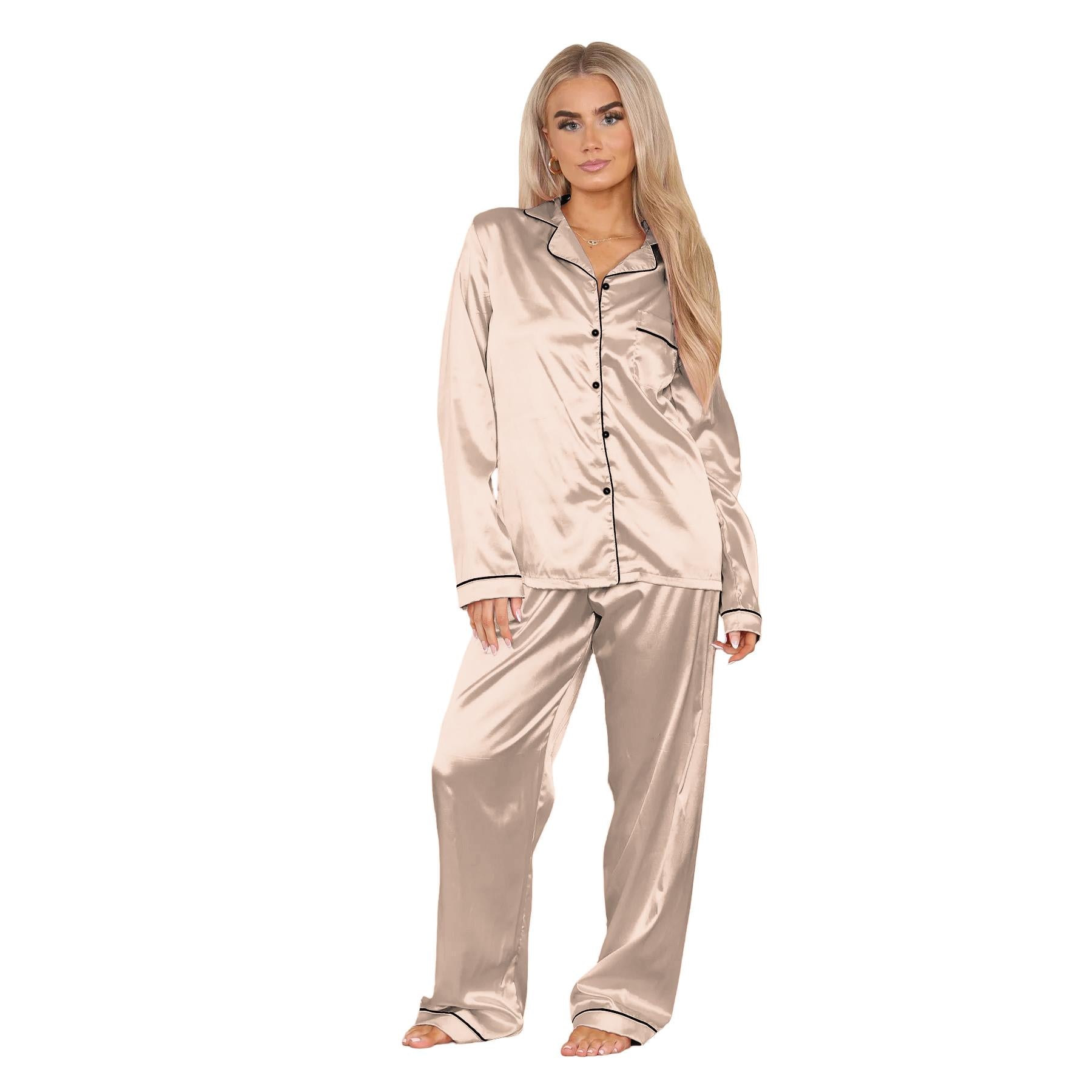 Ladies Satin Long Sleeve Pyjamas Button Shirt Trouser 2 Pcs Pajama Set Nightwear