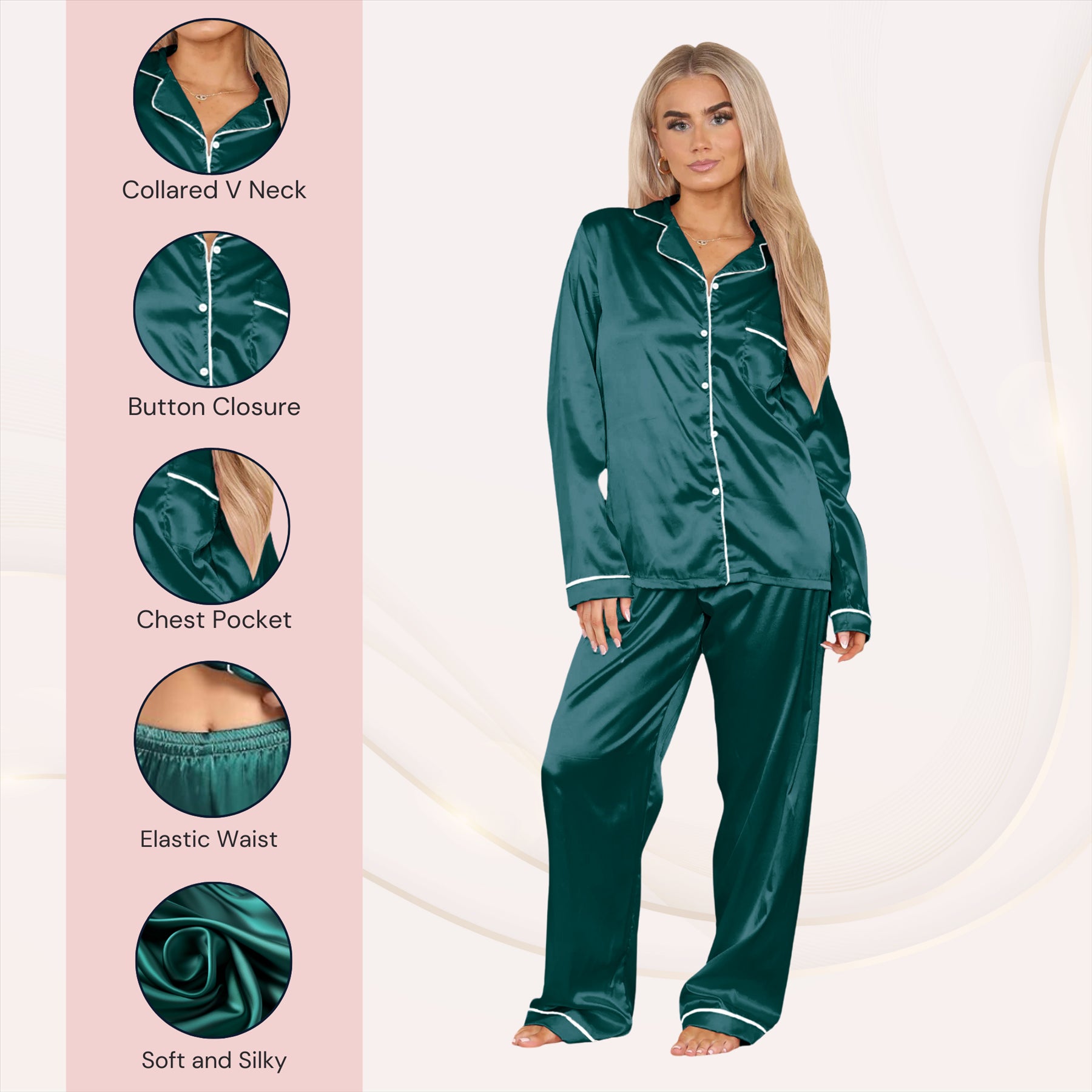 Ladies Satin Long Sleeve Pyjamas Button Shirt Trouser 2 Pcs Pajama Set Nightwear
