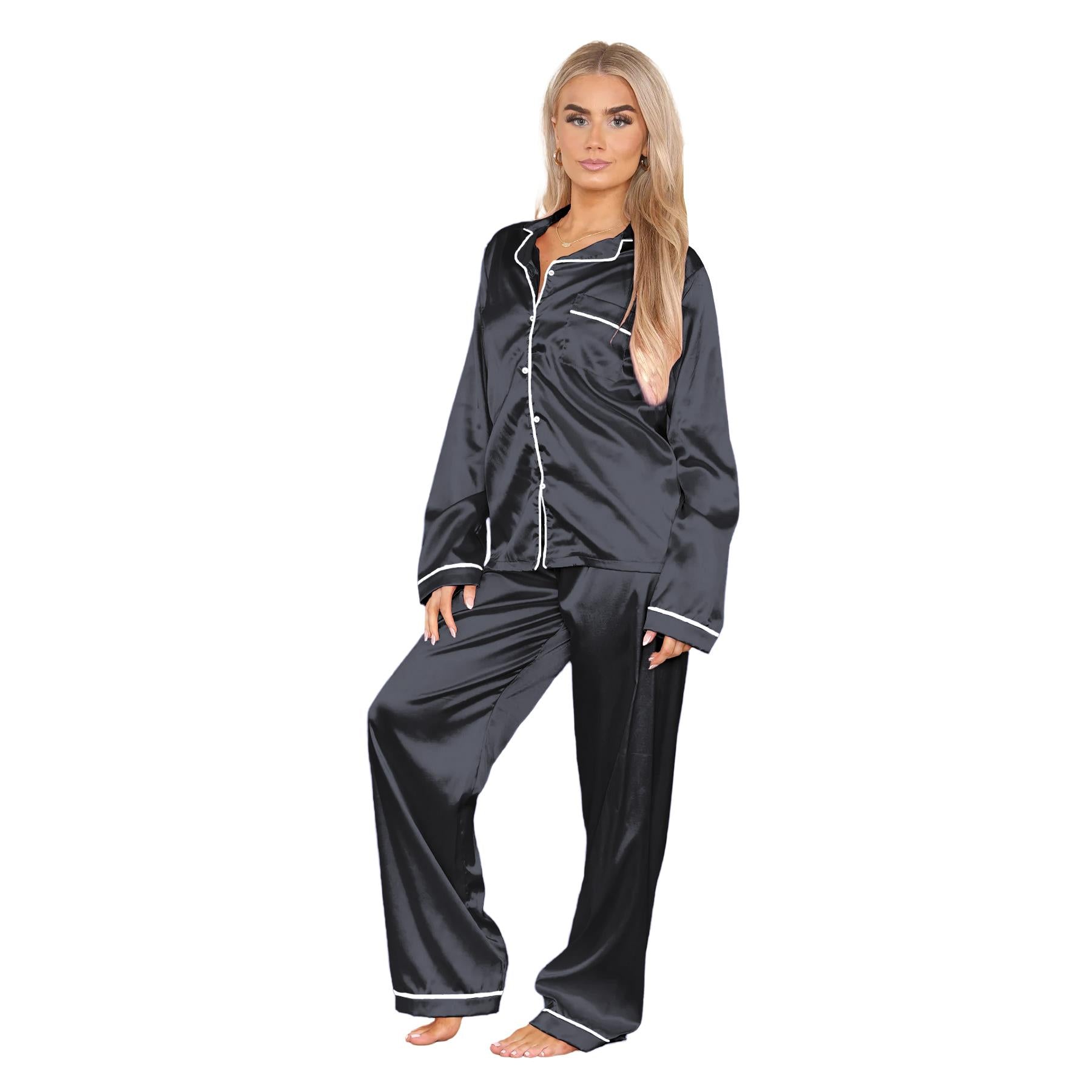 Ladies Satin Long Sleeve Pyjamas Button Shirt Trouser 2 Pcs Pajama Set Nightwear