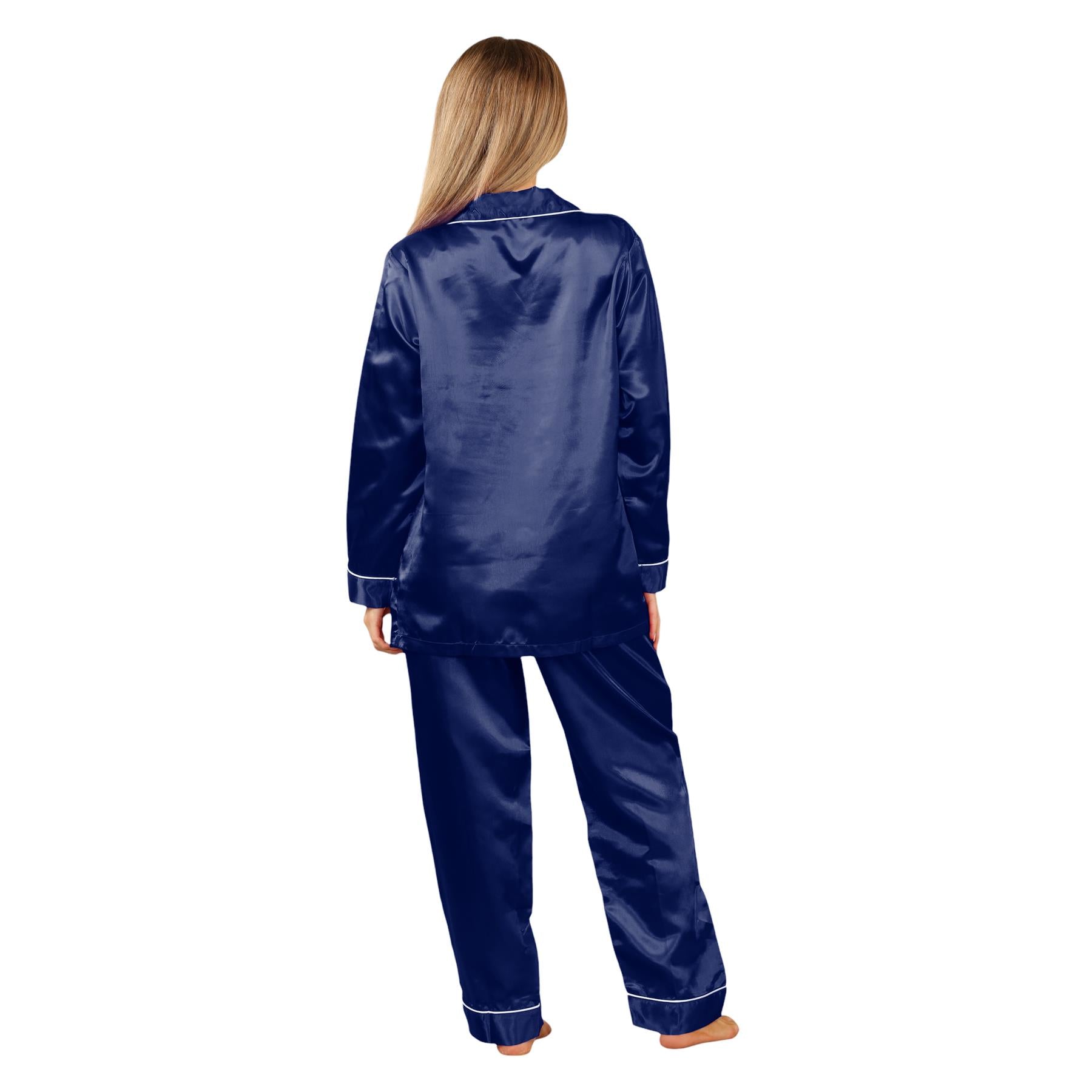 Ladies Satin Long Sleeve Pyjamas Button Shirt Trouser 2 Pcs Pajama Set Nightwear