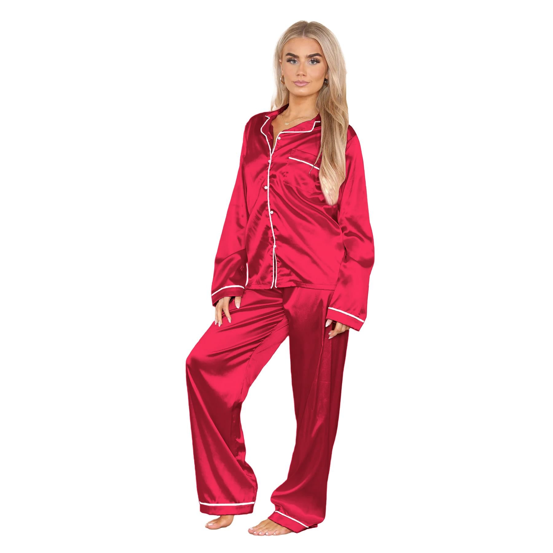 Ladies Satin Long Sleeve Pyjamas Button Shirt Trouser 2 Pcs Pajama Set Nightwear