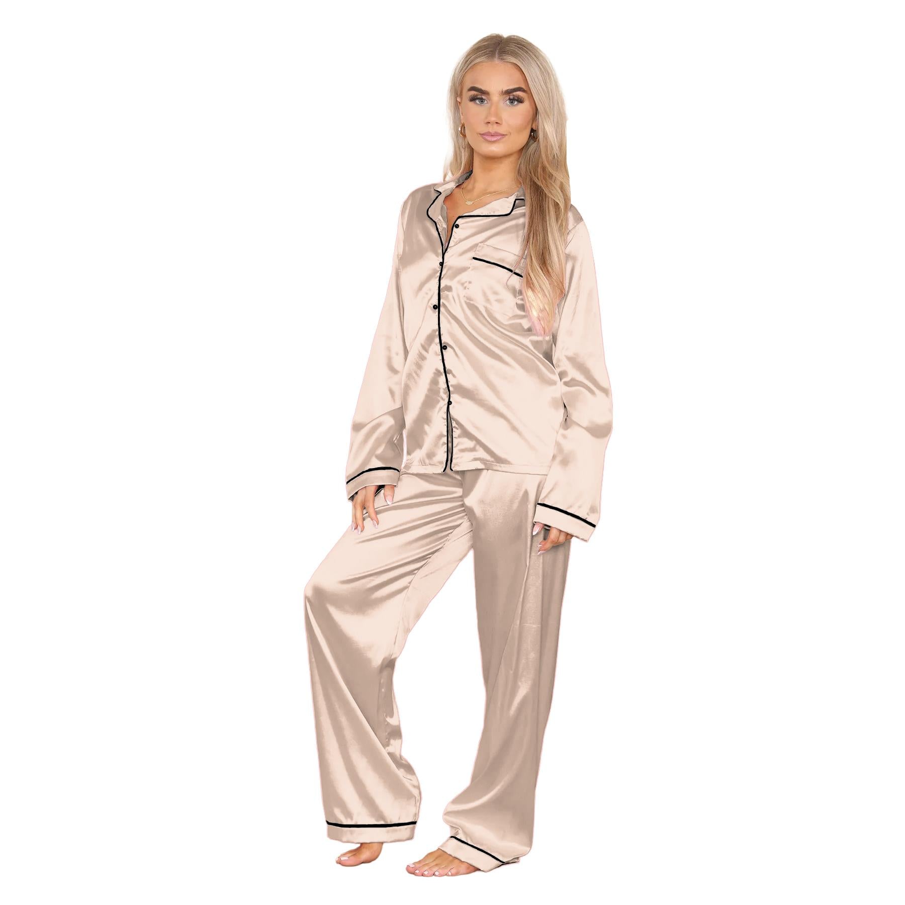 Ladies Satin Long Sleeve Pyjamas Button Shirt Trouser 2 Pcs Pajama Set Nightwear