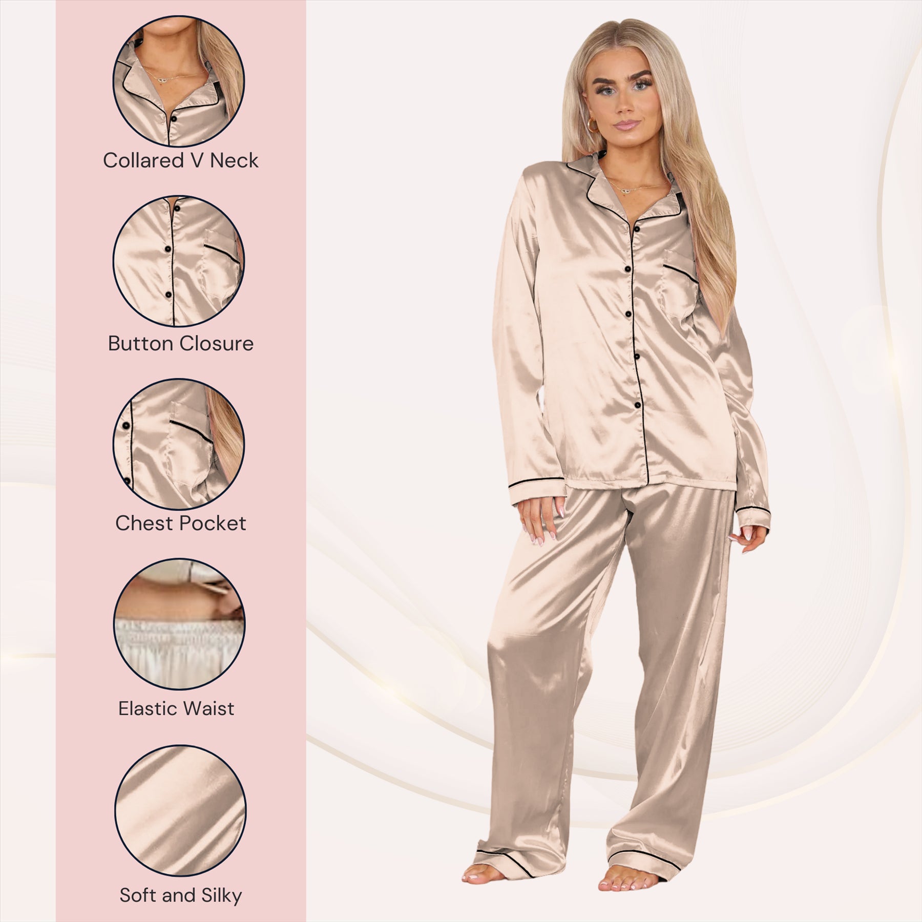 Ladies Satin Long Sleeve Pyjamas Button Shirt Trouser 2 Pcs Pajama Set Nightwear