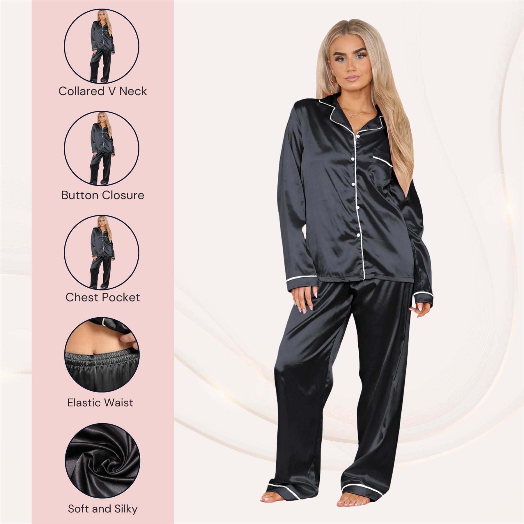 Ladies Satin Long Sleeve Pyjamas Button Shirt Trouser 2 Pcs Pajama Set Nightwear