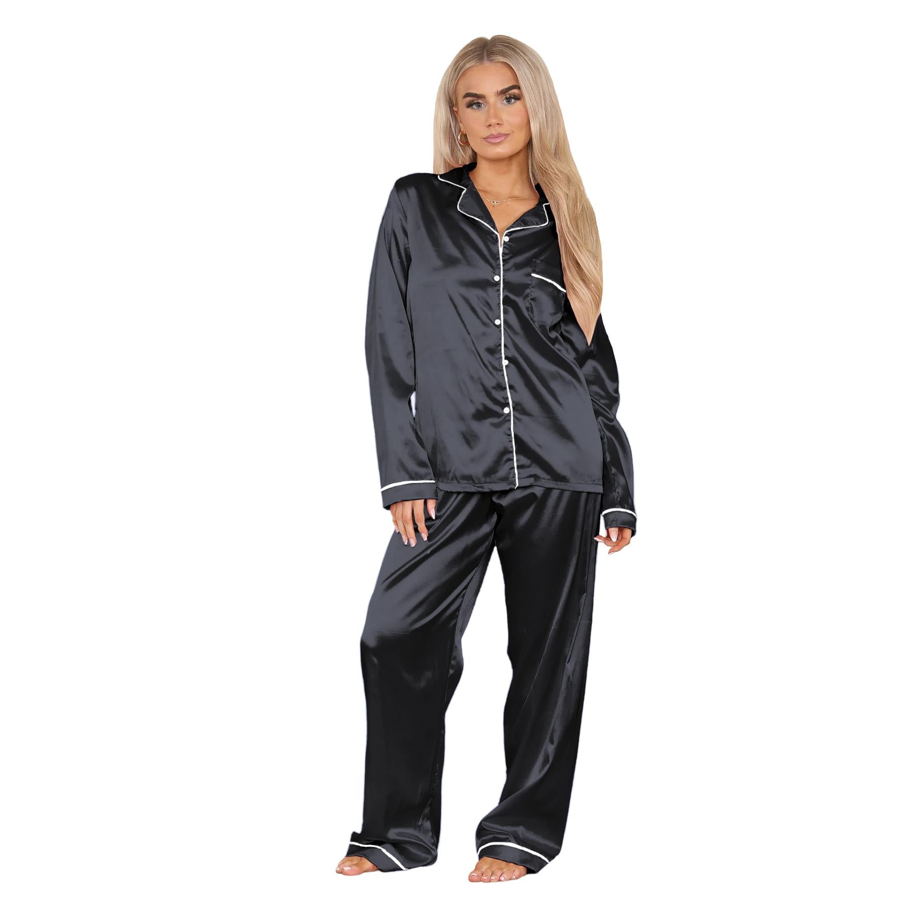 Ladies Satin Long Sleeve Pyjamas Button Shirt Trouser 2 Pcs Pajama Set Nightwear