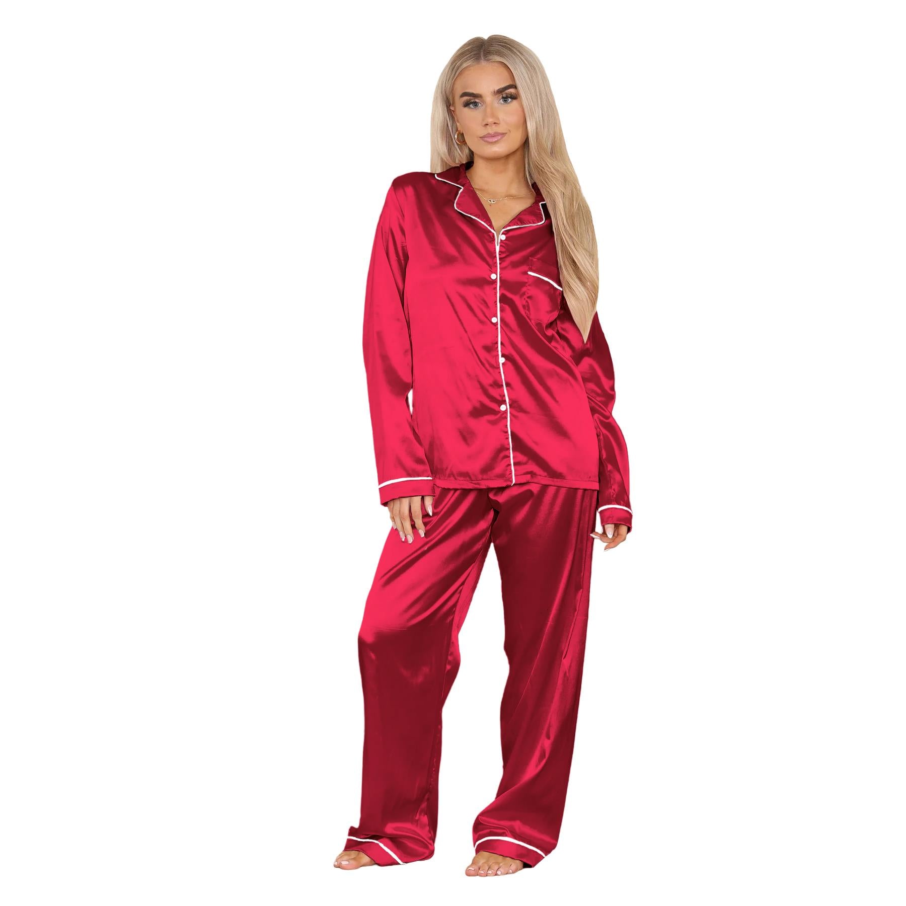 Ladies Satin Long Sleeve Pyjamas Button Shirt Trouser 2 Pcs Pajama Set Nightwear