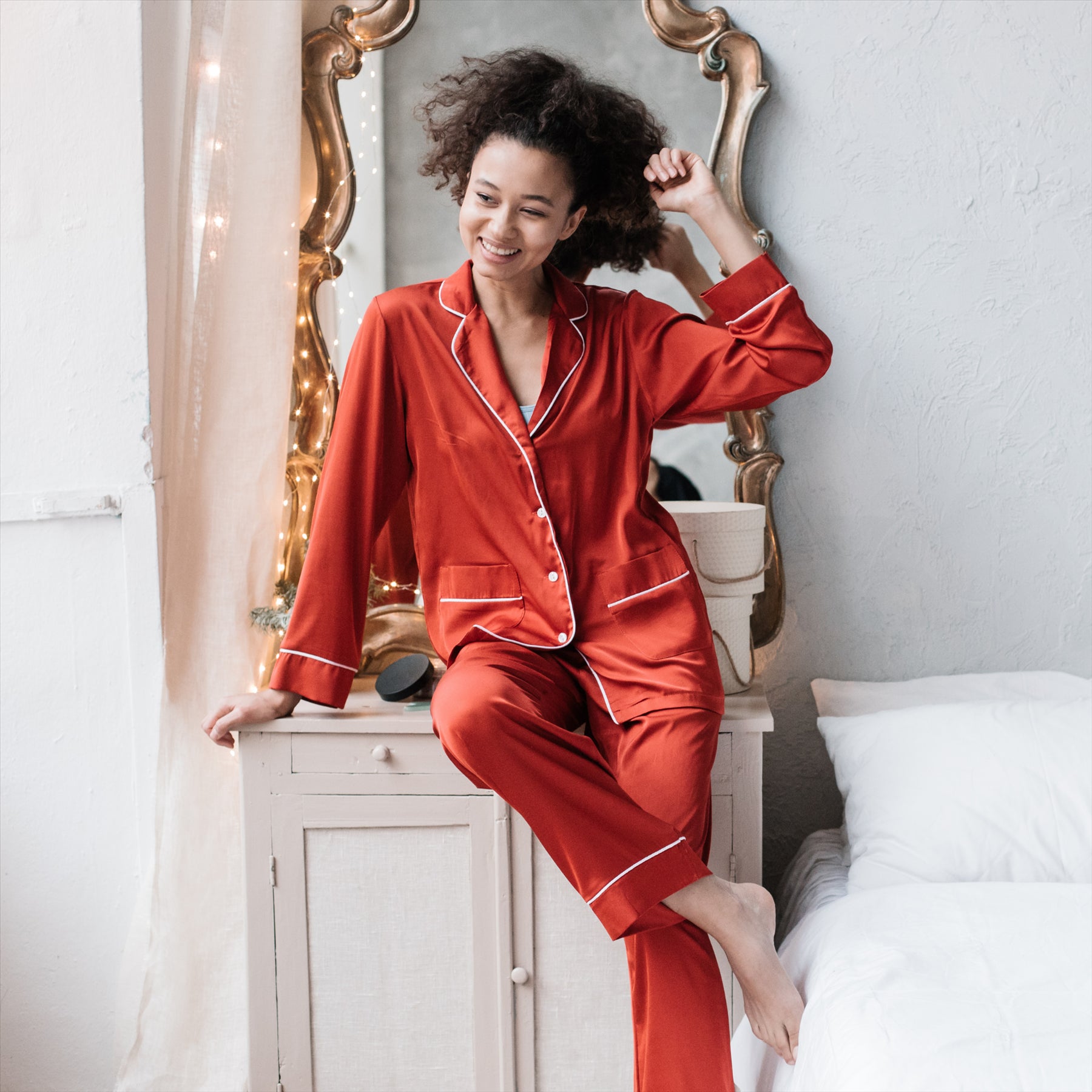 Ladies Satin Long Sleeve Pyjamas Button Shirt Trouser 2 Pcs Pajama Set Nightwear