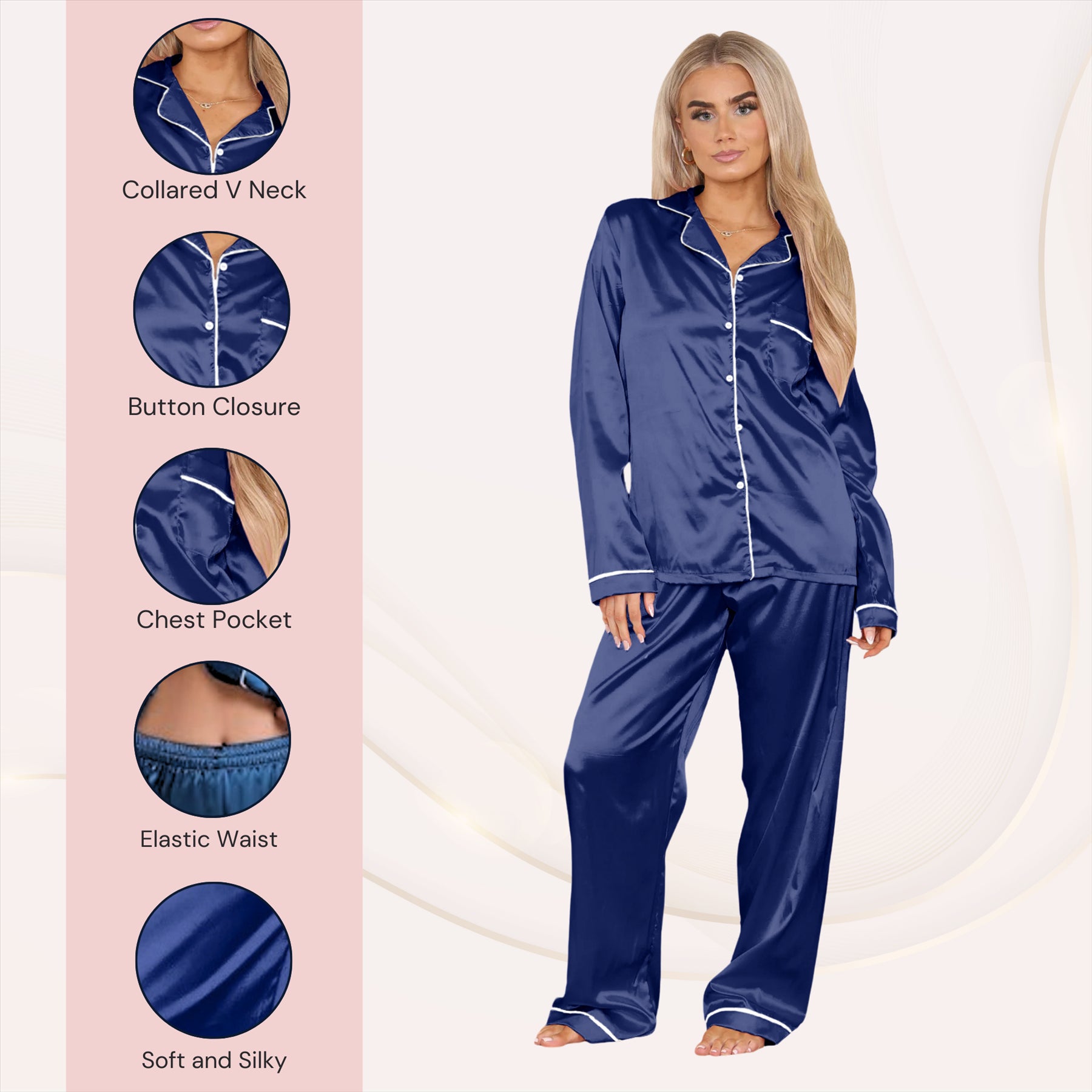 Ladies Satin Long Sleeve Pyjamas Button Shirt Trouser 2 Pcs Pajama Set Nightwear