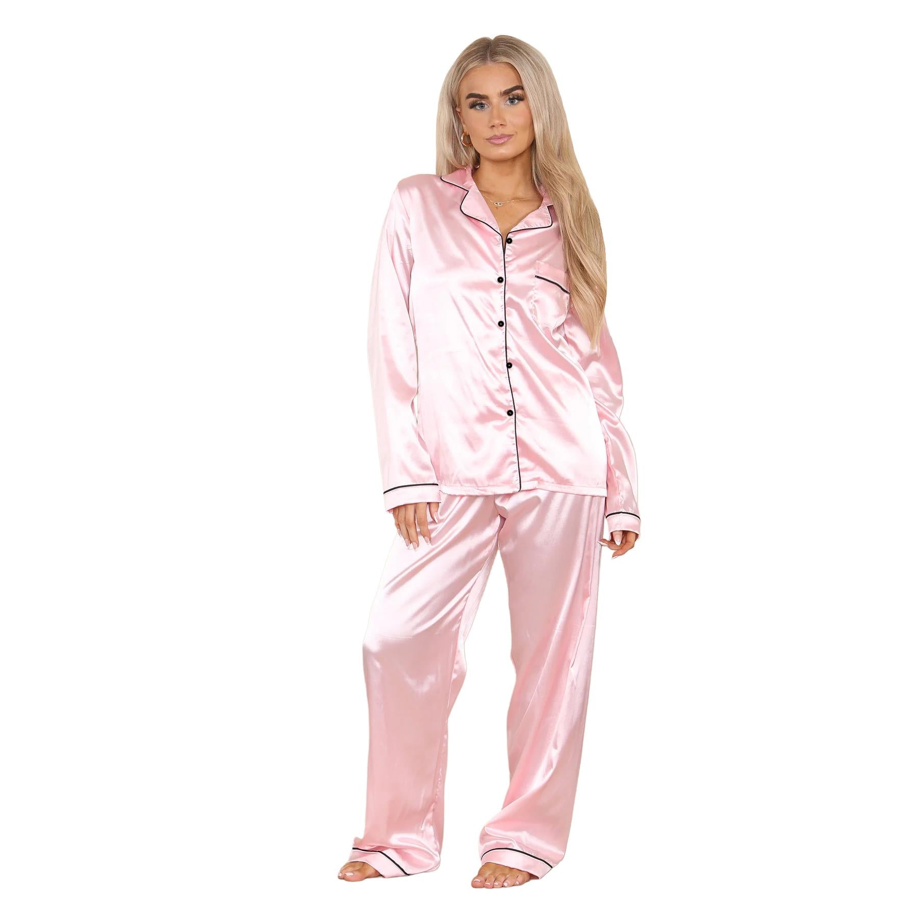 Ladies Satin Long Sleeve Pyjamas Button Shirt Trouser 2 Pcs Pajama Set Nightwear