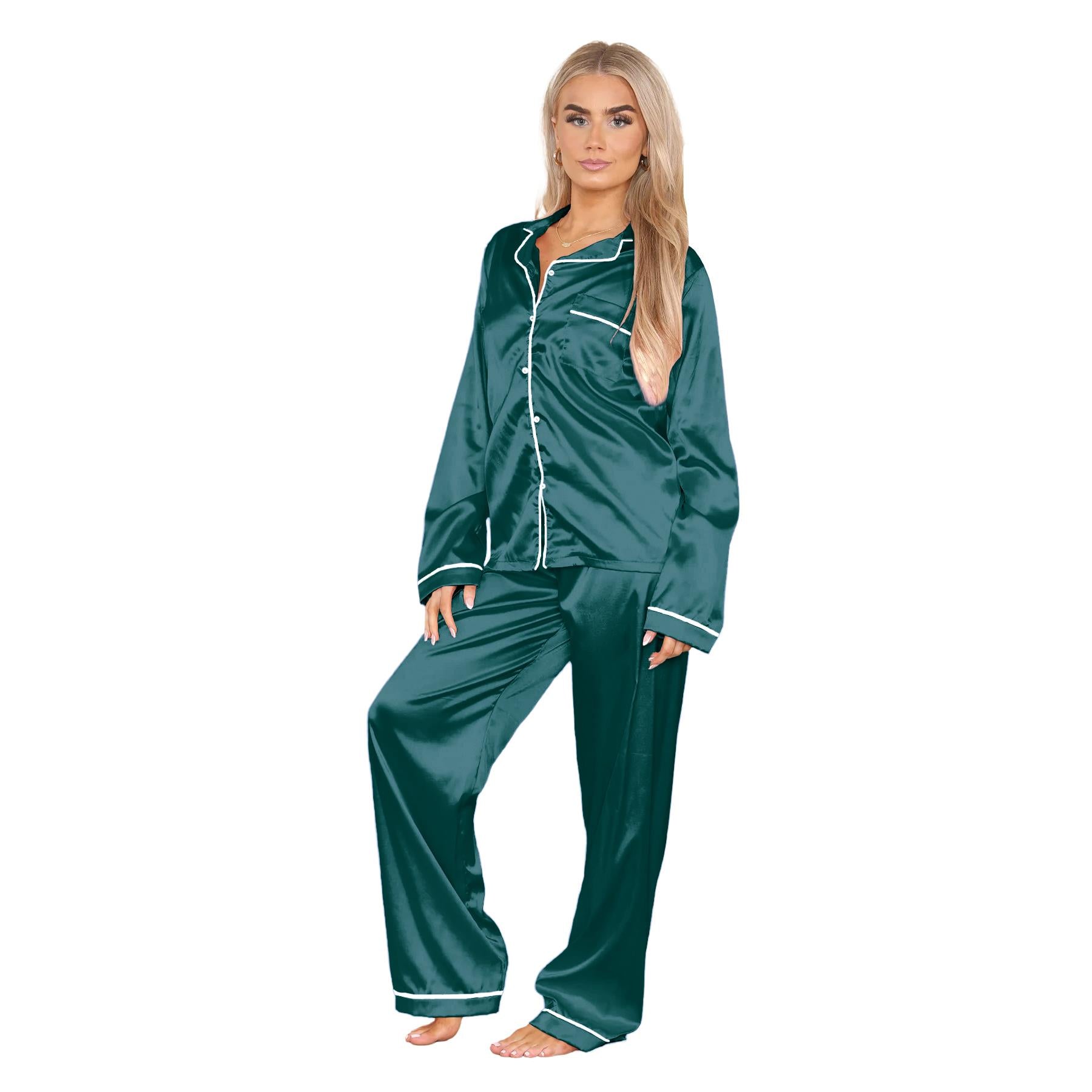 Ladies Satin Long Sleeve Pyjamas Button Shirt Trouser 2 Pcs Pajama Set Nightwear