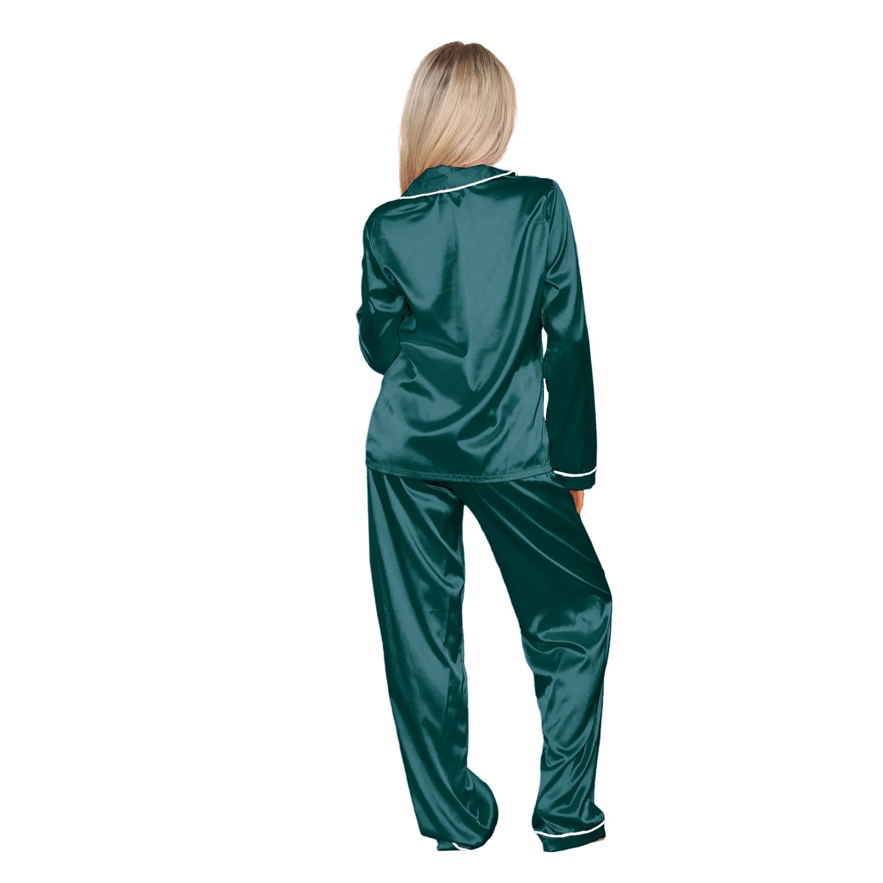 Ladies Satin Long Sleeve Pyjamas Button Shirt Trouser 2 Pcs Pajama Set Nightwear