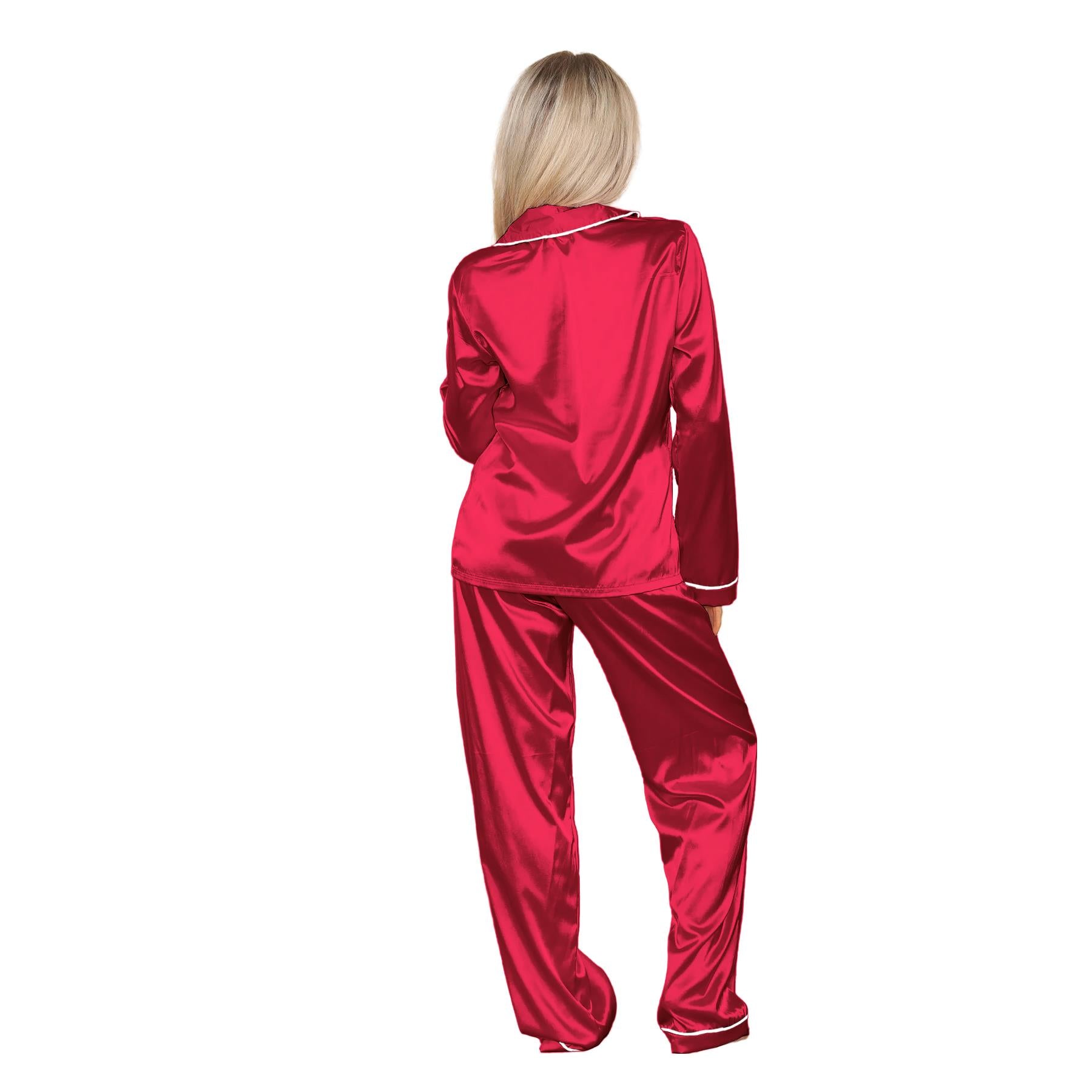 Ladies Satin Long Sleeve Pyjamas Button Shirt Trouser 2 Pcs Pajama Set Nightwear