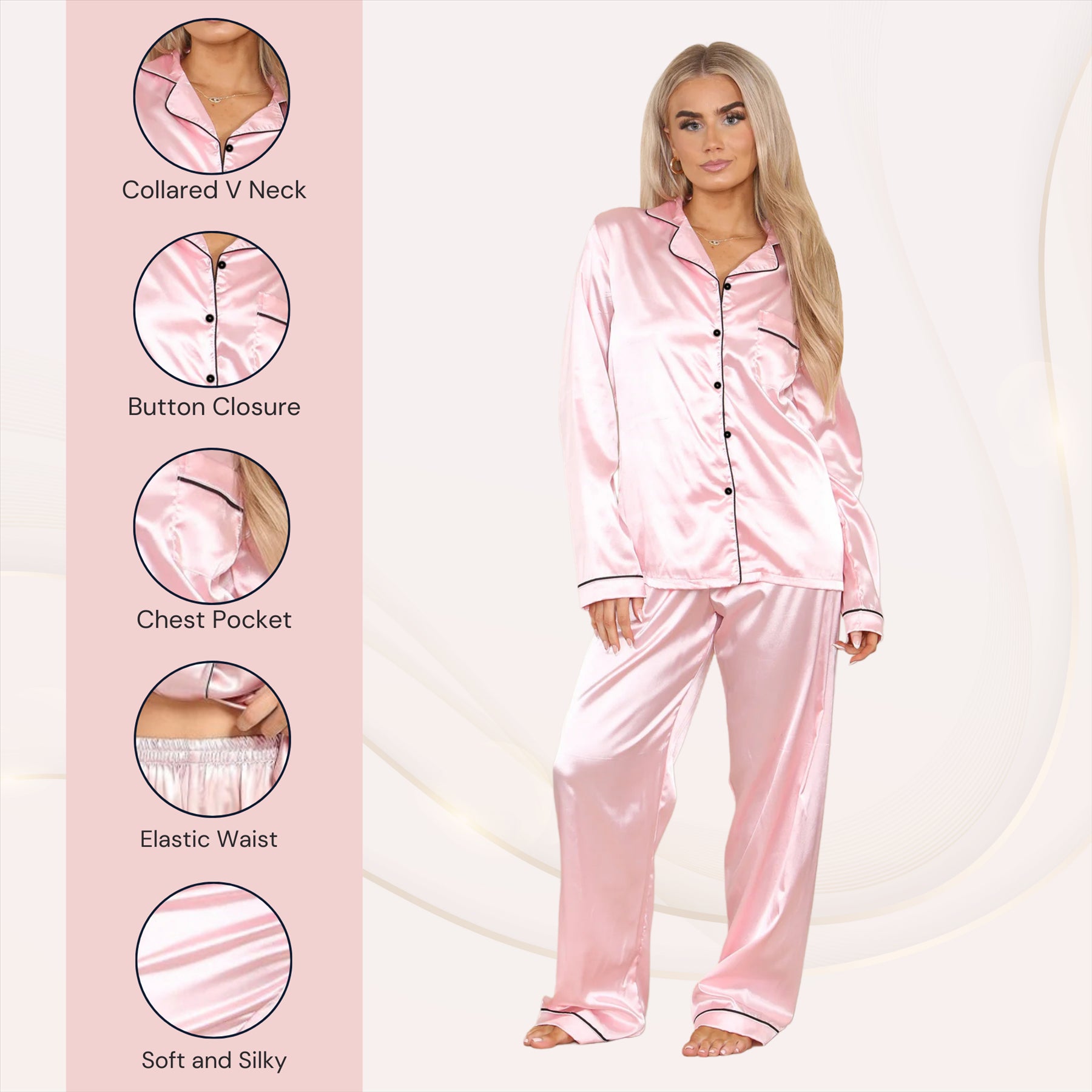 Ladies Satin Long Sleeve Pyjamas Button Shirt Trouser 2 Pcs Pajama Set Nightwear