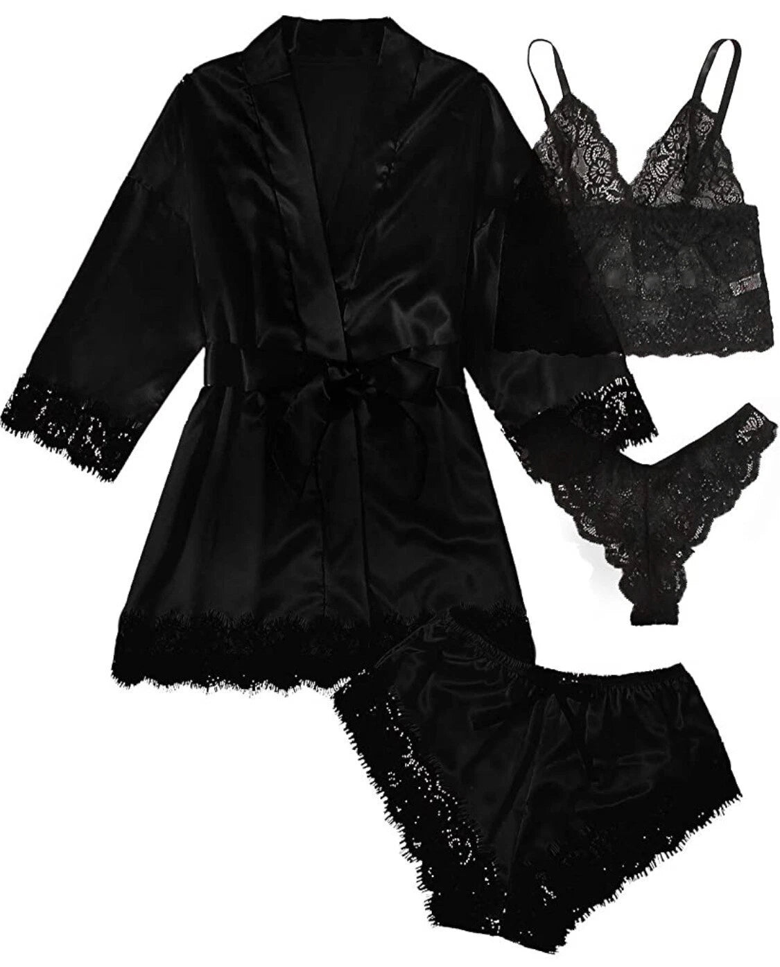 S-3XL Four-Piece Womens Ladies Pajamas Sexy Home Wear Set Lace Sling Underwear