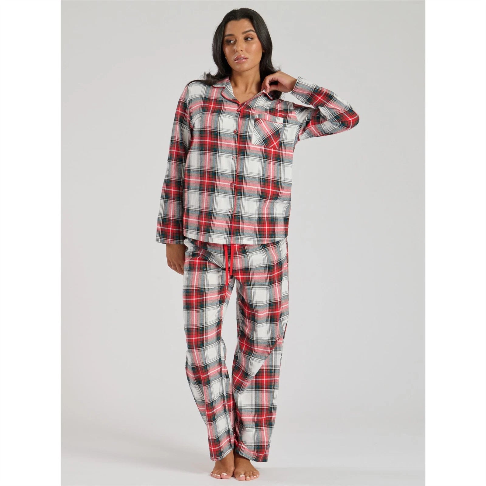 Ladies Brushed Cotton Flannel Check Pyjamas Pyjama Set Womens PJs Red Size 8-22