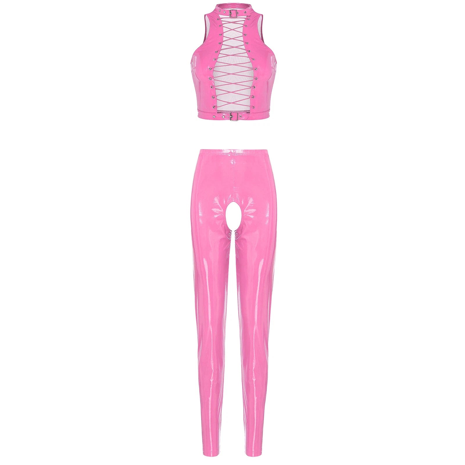 Womens Lingerie Set Crotchless Clubwear Patent Leather Catsuit Wirefree Costume