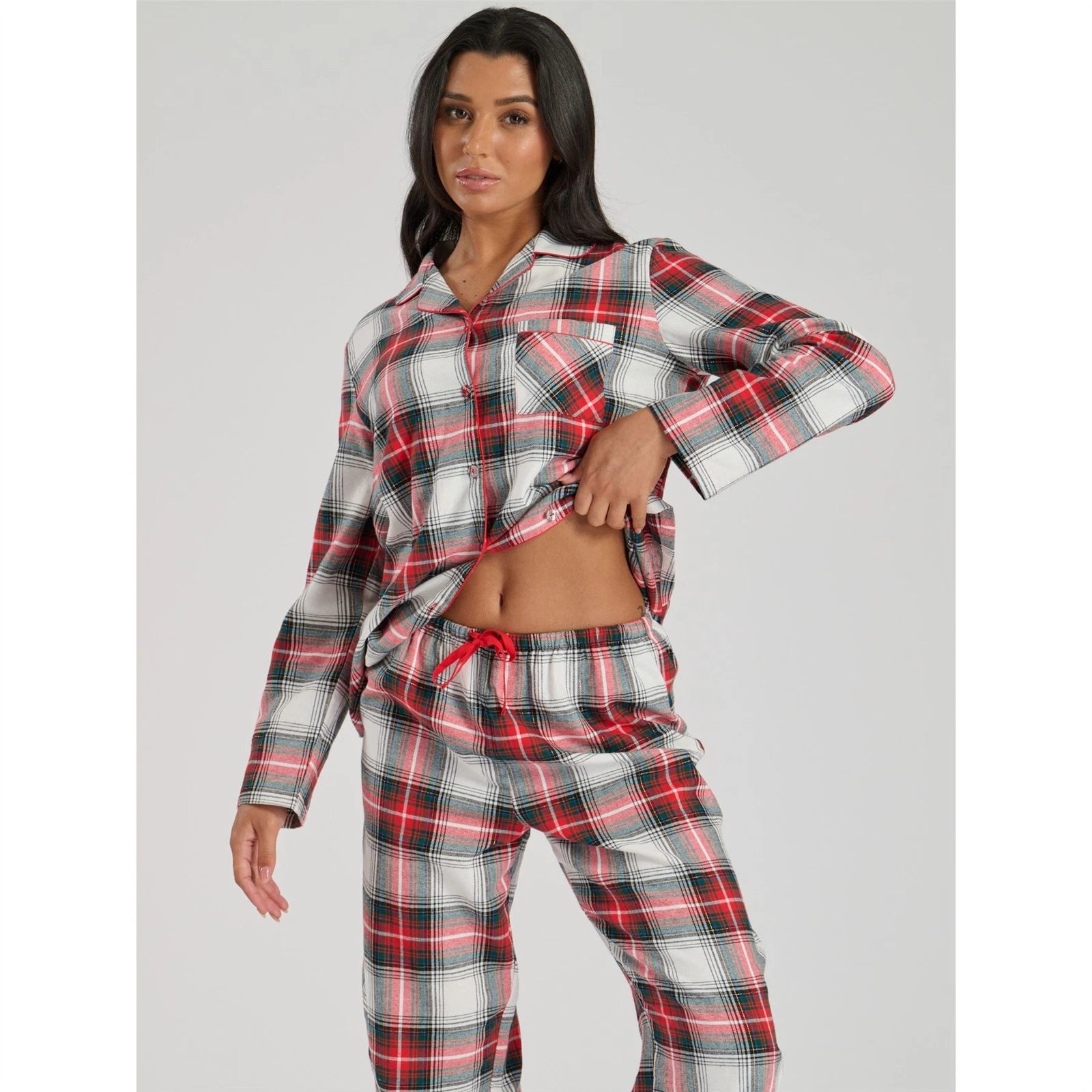 Ladies Brushed Cotton Flannel Check Pyjamas Pyjama Set Womens PJs Red Size 8-22