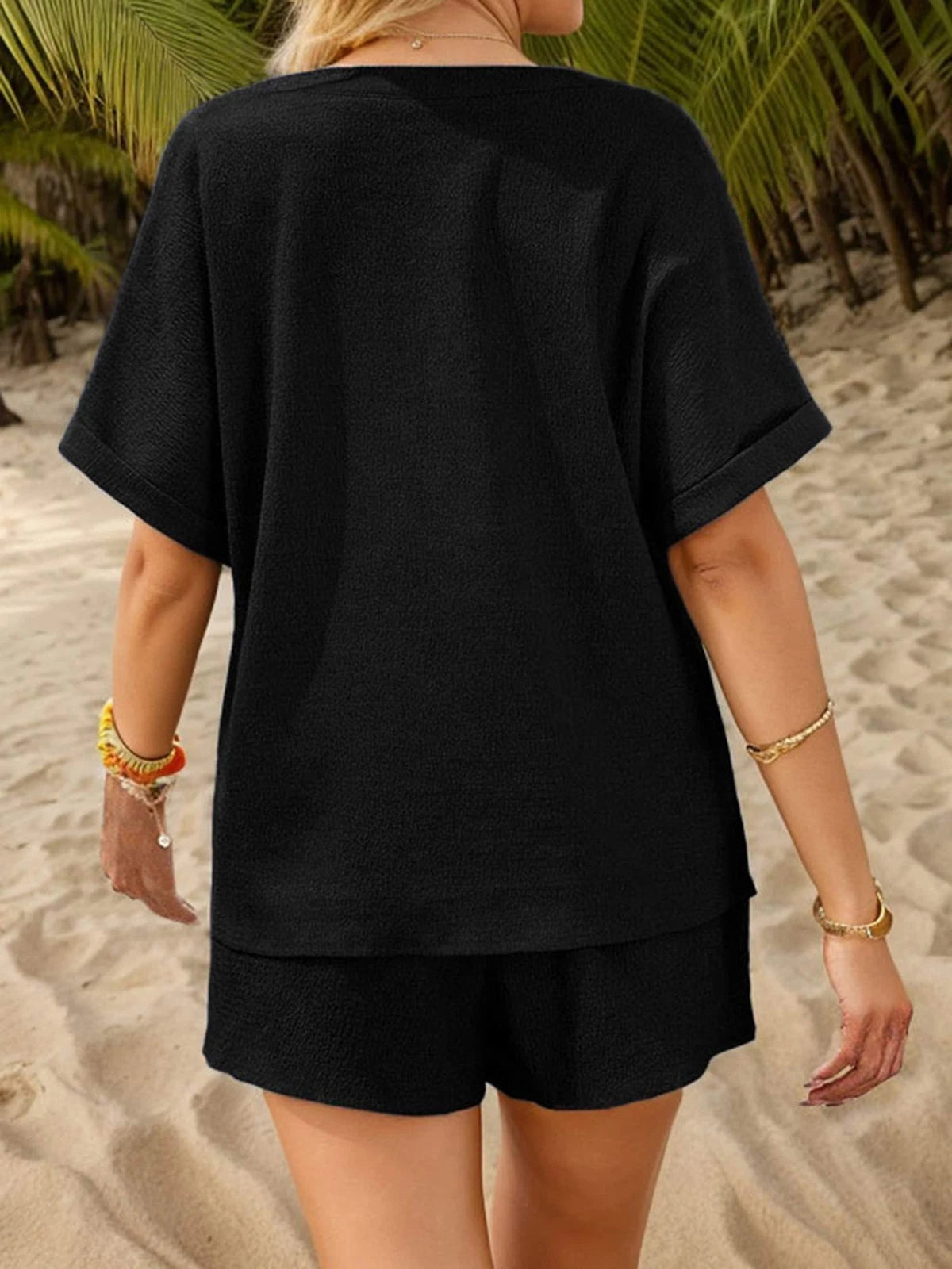 Women's V-Neck Short Sleeve Top and Drawstring Shorts Set NEW