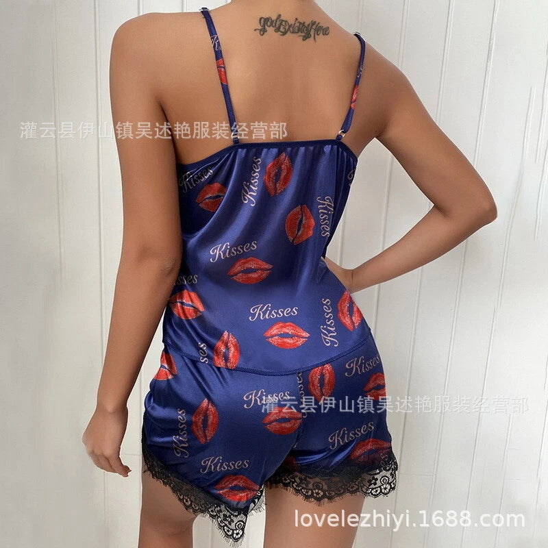 Ladies Eyelashes Lace Decorative Prints Satin Suspenders Sleepwear Loungewear