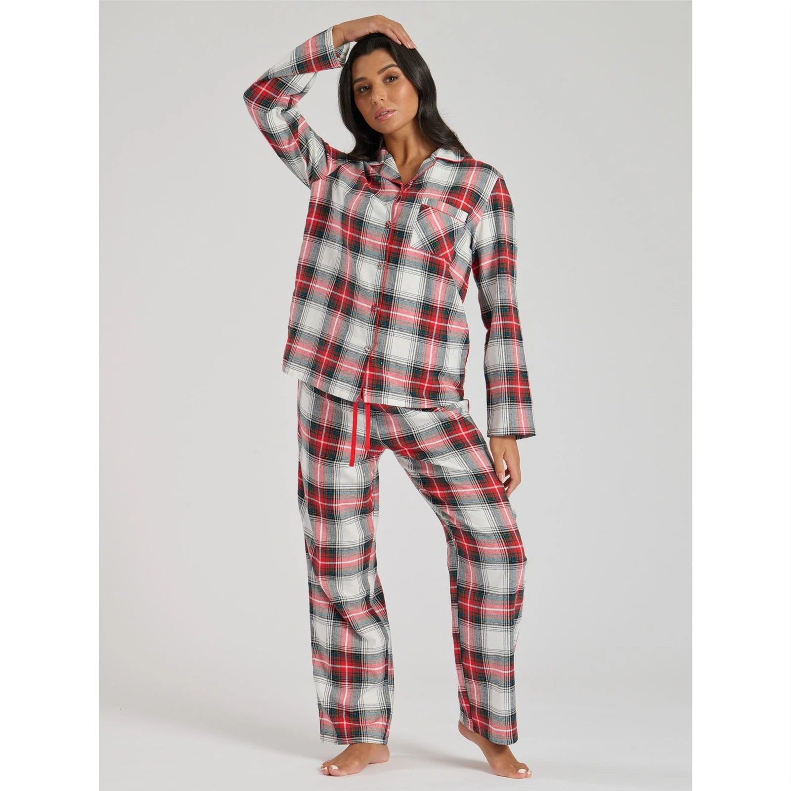 Ladies Brushed Cotton Flannel Check Pyjamas Pyjama Set Womens PJs Red Size 8-22