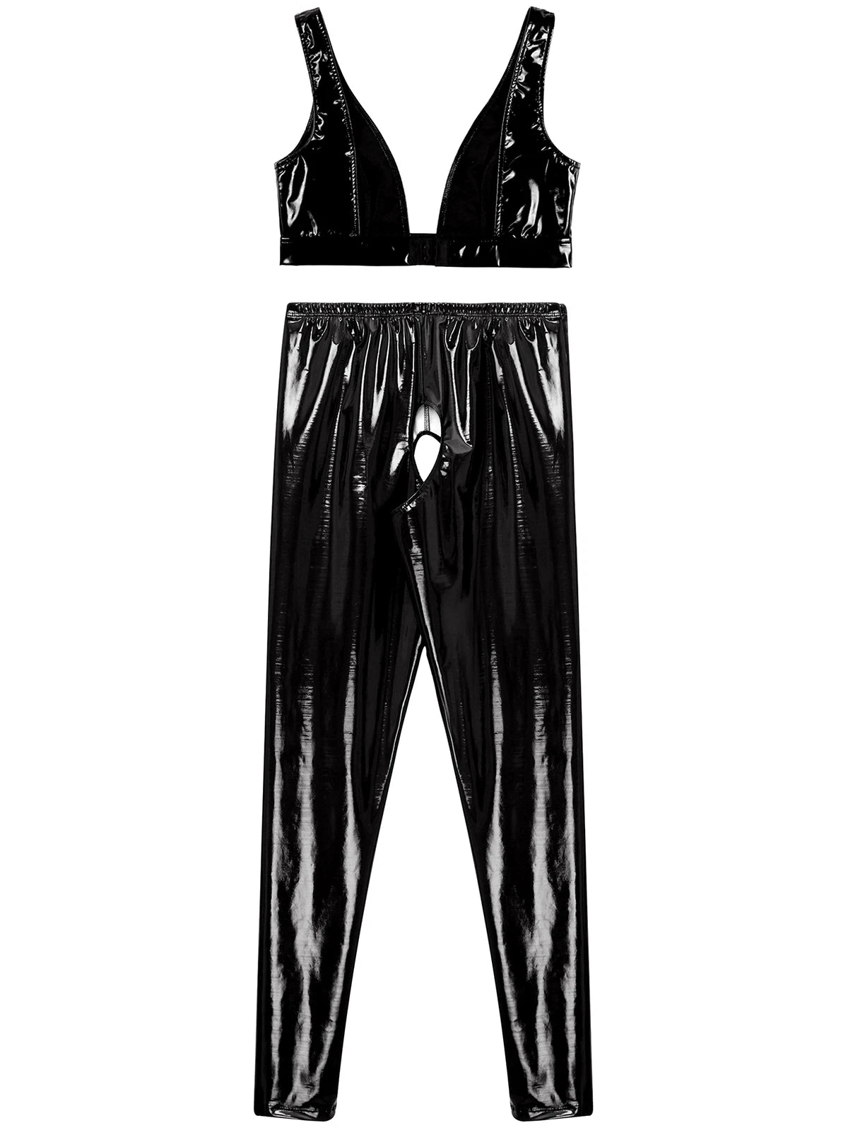 Womens Lingerie Set Crotchless Clubwear Patent Leather Catsuit Wirefree Costume