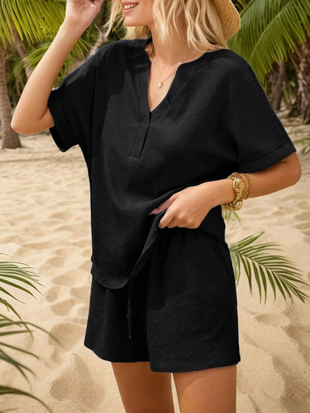 Women's V-Neck Short Sleeve Top and Drawstring Shorts Set NEW