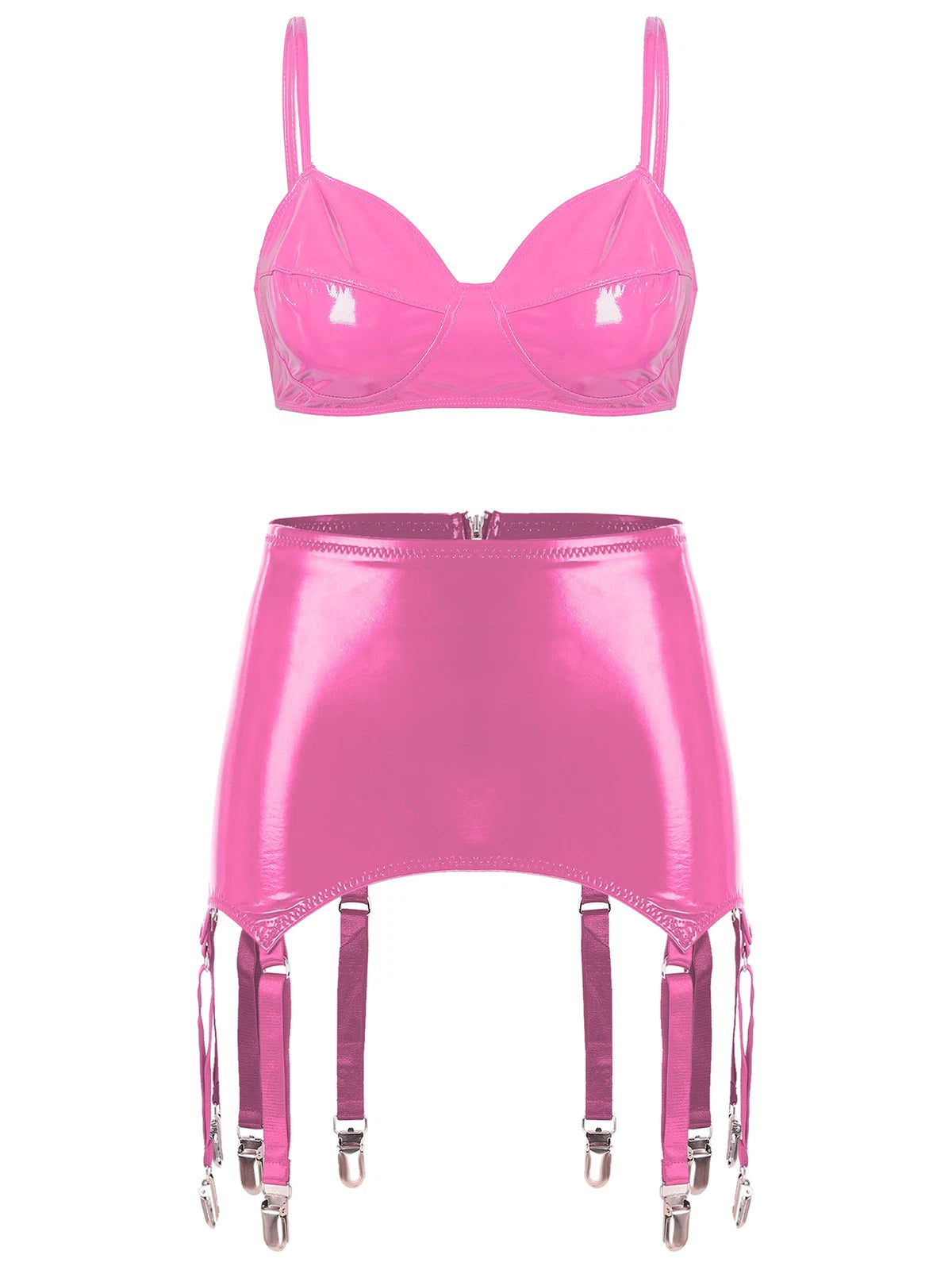 Womens Miniskirt Sexy Lingerie Set No Pad Crop Top Faux Leather Nightwear Vest