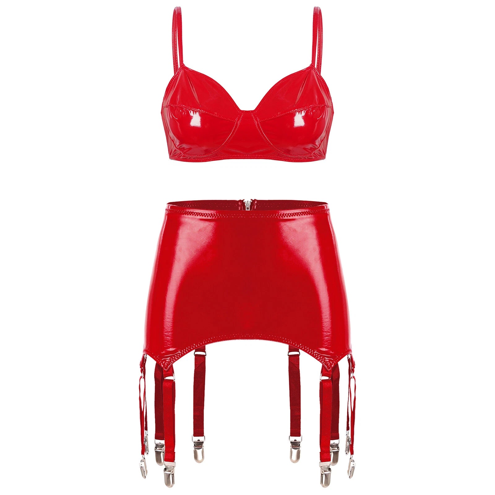 Womens Miniskirt Sexy Lingerie Set No Pad Crop Top Faux Leather Nightwear Vest