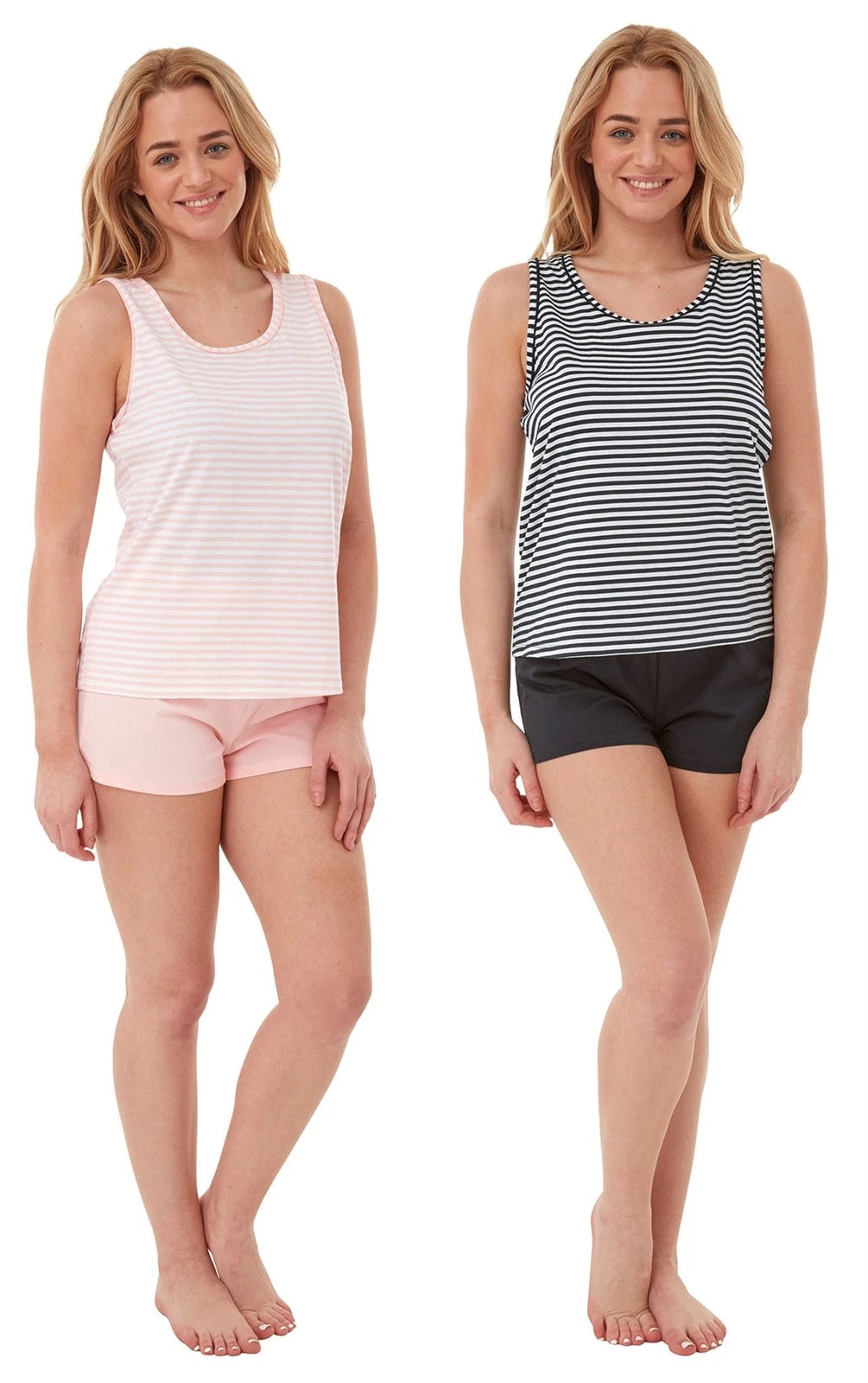 Ladies Cotton Striped Short Pyjama Set Pyjamas PJ Set Navy/Pink Size 10-20