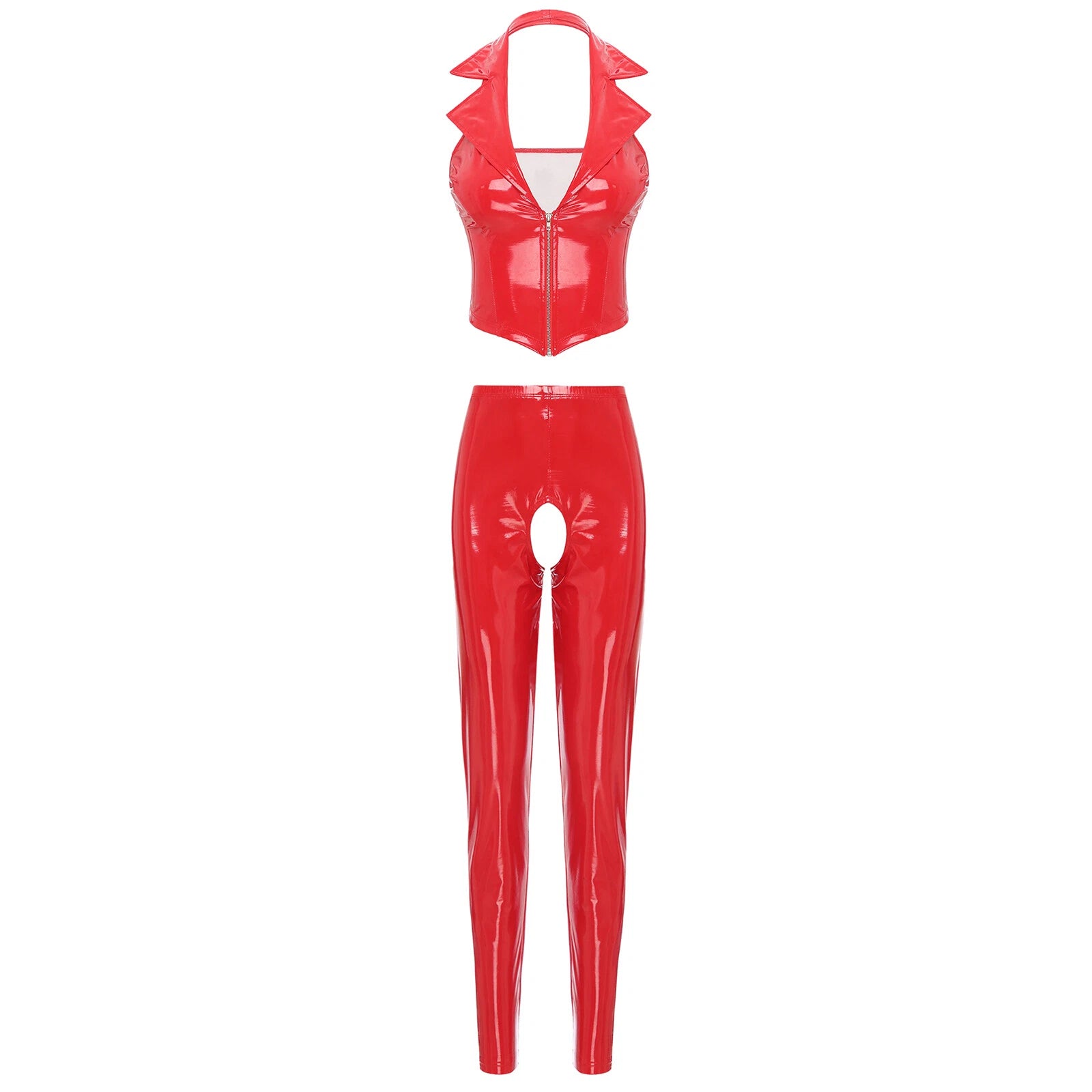 Womens Lingerie Set Crotchless Clubwear Patent Leather Catsuit Wirefree Costume