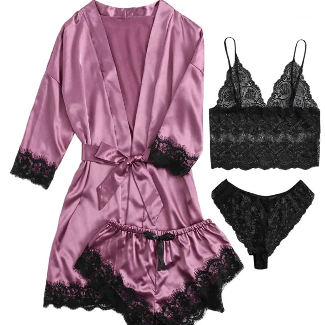 S-3XL Four-Piece Womens Ladies Pajamas Sexy Home Wear Set Lace Sling Underwear