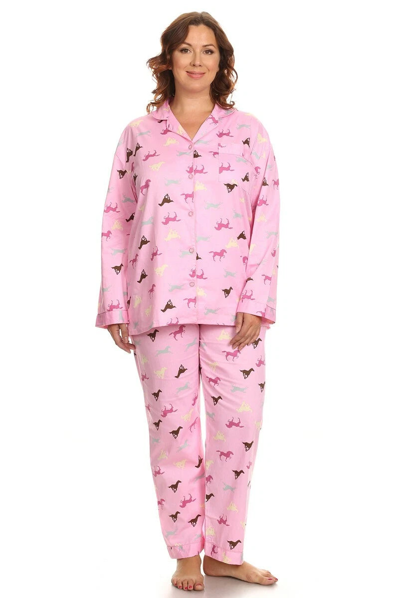 PB COUTURE Women Pink Horses Pajamas 100% Cotton Poplin