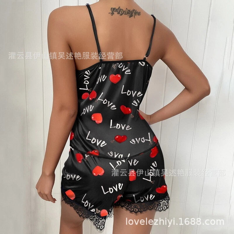 Ladies Eyelashes Lace Decorative Prints Satin Suspenders Sleepwear Loungewear