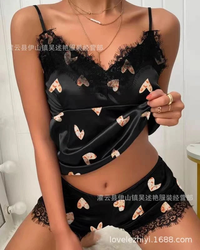 Ladies Eyelashes Lace Decorative Prints Satin Suspenders Sleepwear Loungewear