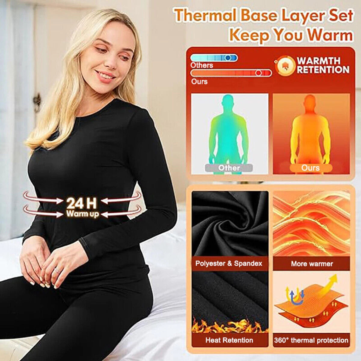 Women Thermals Top & Bottom 2PC Set Waffle Knit Thermal Long Johns Underwear US