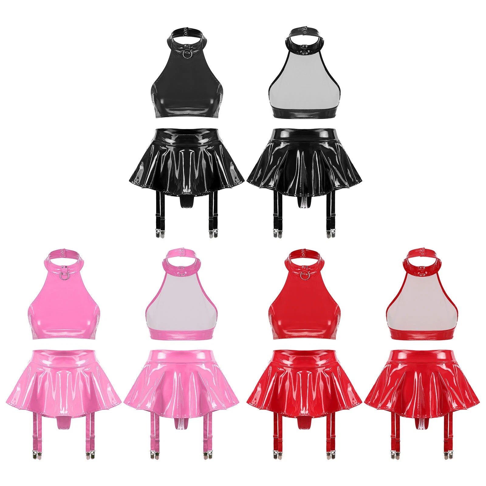 Womens Lingerie Set Patent Leather Crop Top Two-Piece Miniskirt Tank Outfits