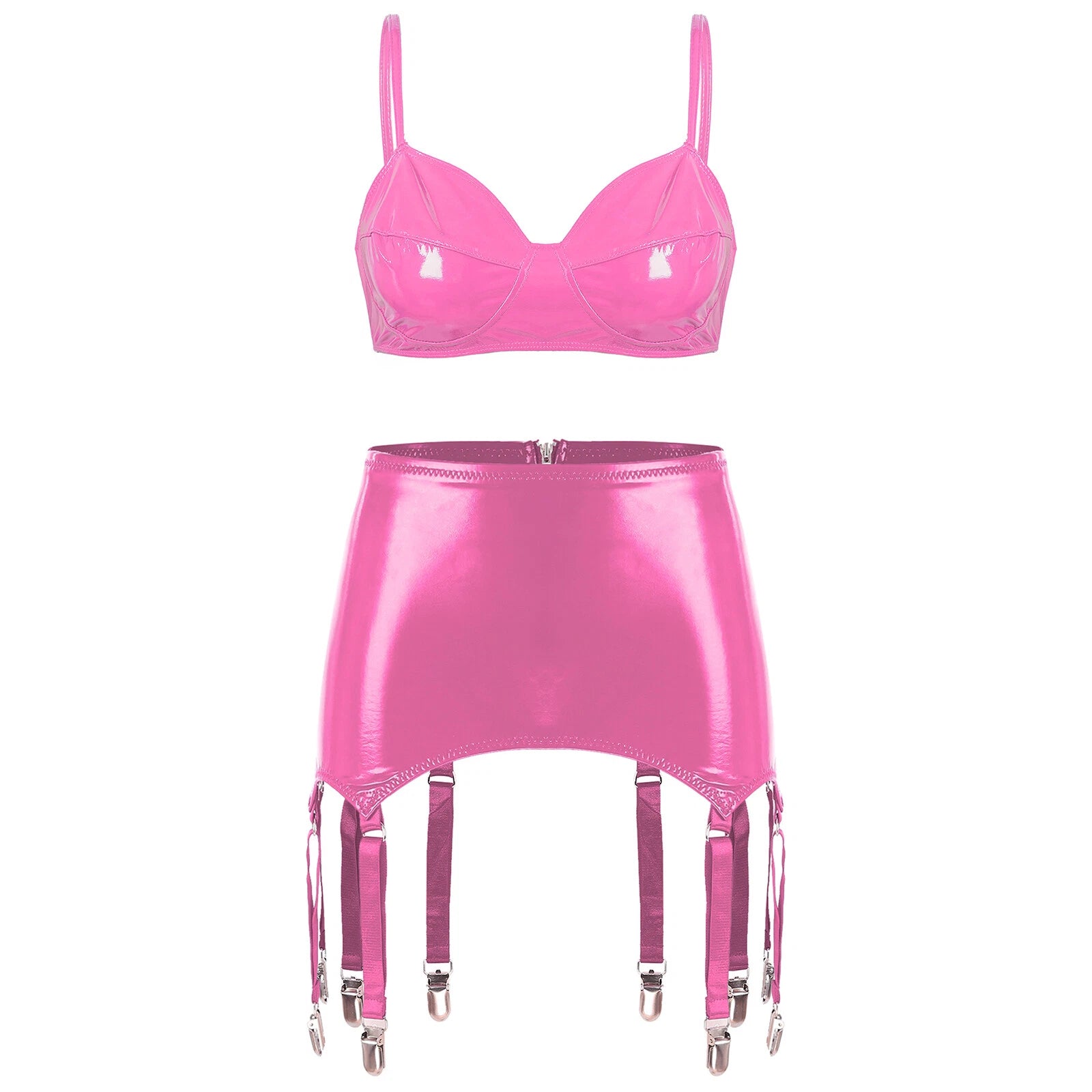 Womens Miniskirt Sexy Lingerie Set No Pad Crop Top Faux Leather Nightwear Vest