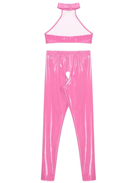 Womens Lingerie Set Crotchless Clubwear Patent Leather Catsuit Wirefree Costume