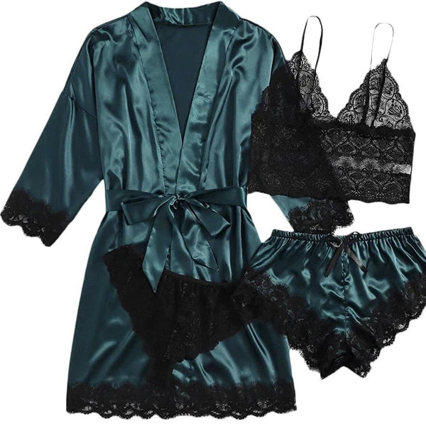 S-3XL Four-Piece Womens Ladies Pajamas Sexy Home Wear Set Lace Sling Underwear