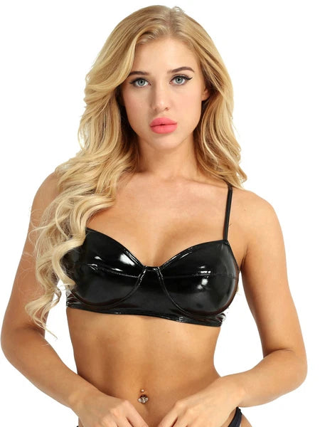 Womens Miniskirt Sexy Lingerie Set No Pad Crop Top Faux Leather Nightwear Vest